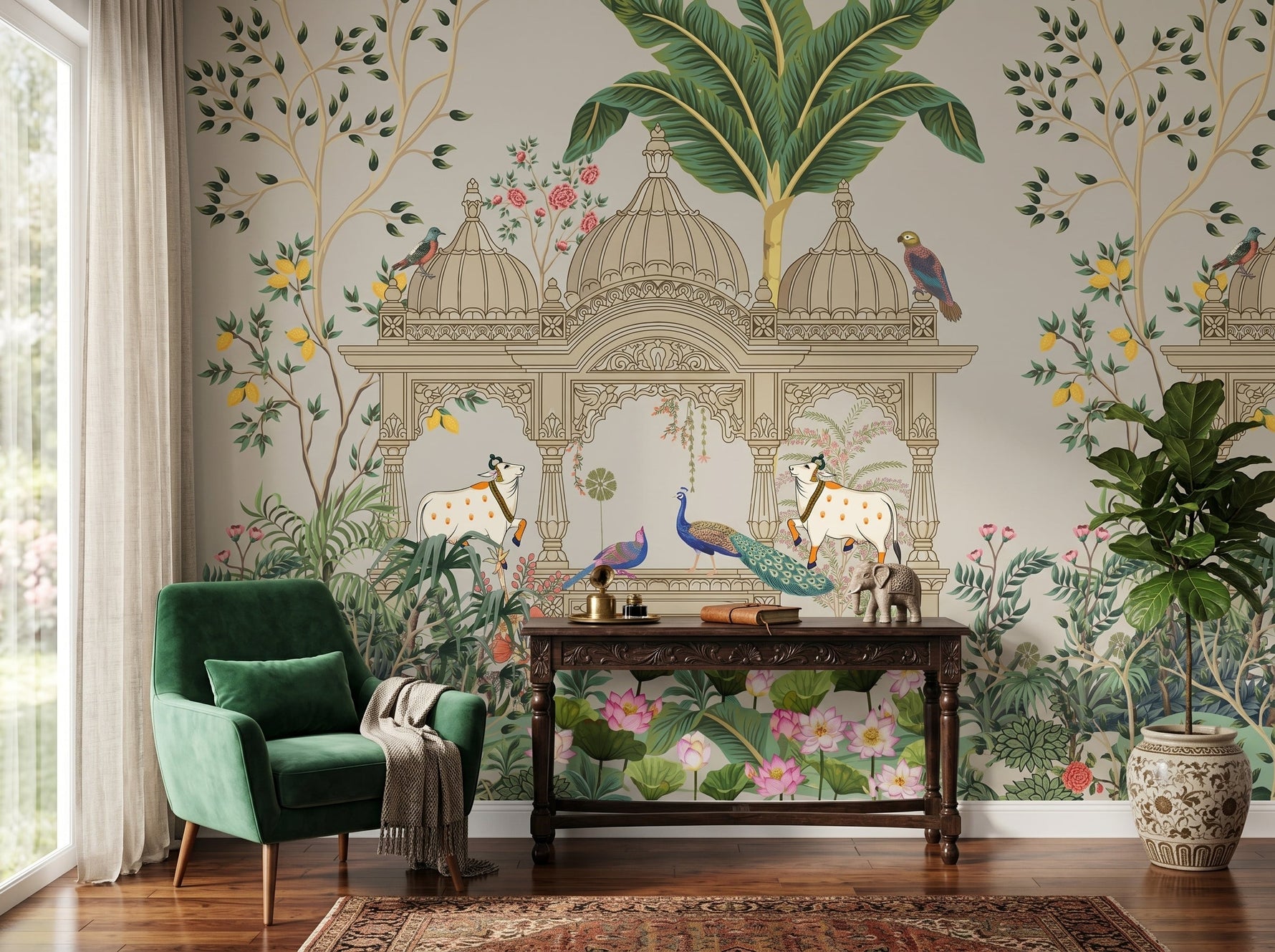 Pichwai Mughal Garden Wallpaper – Where Sacred Art Meets Royal Garden Grandeur