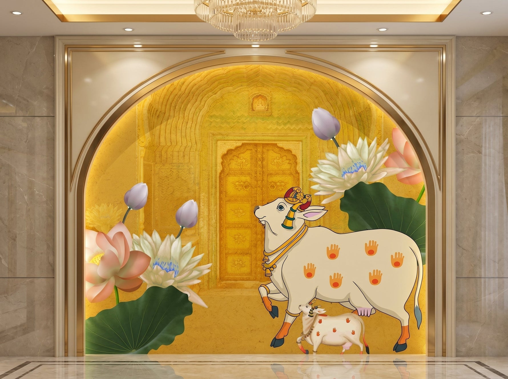 Pichwai Sacred Cow Wallpaper – Kamdhenu, Lotus and a Golden Rajasthani Arch