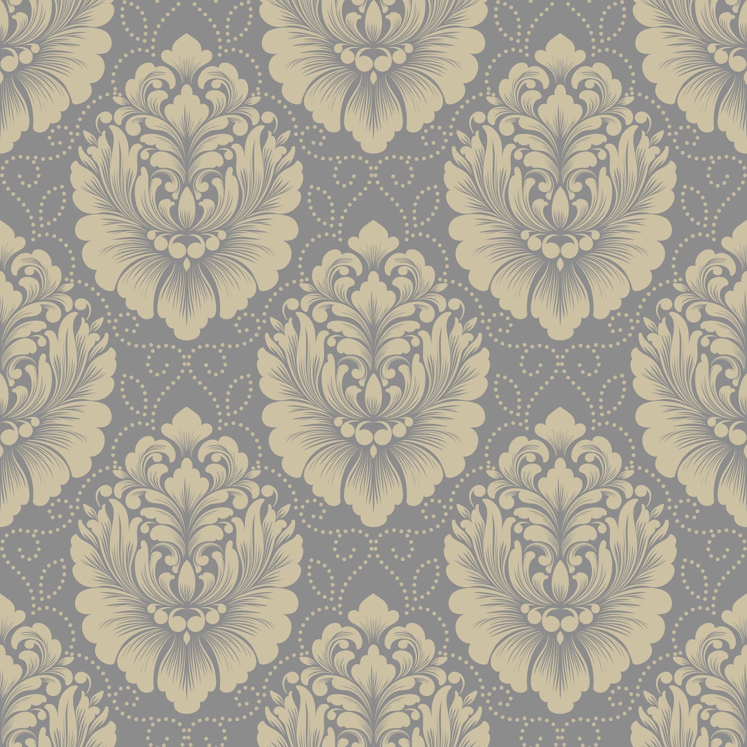 Grey & Gold Damask Peel and Stick Wallpaper | Royal Floral Medallion Wall Design | Eternal Walls