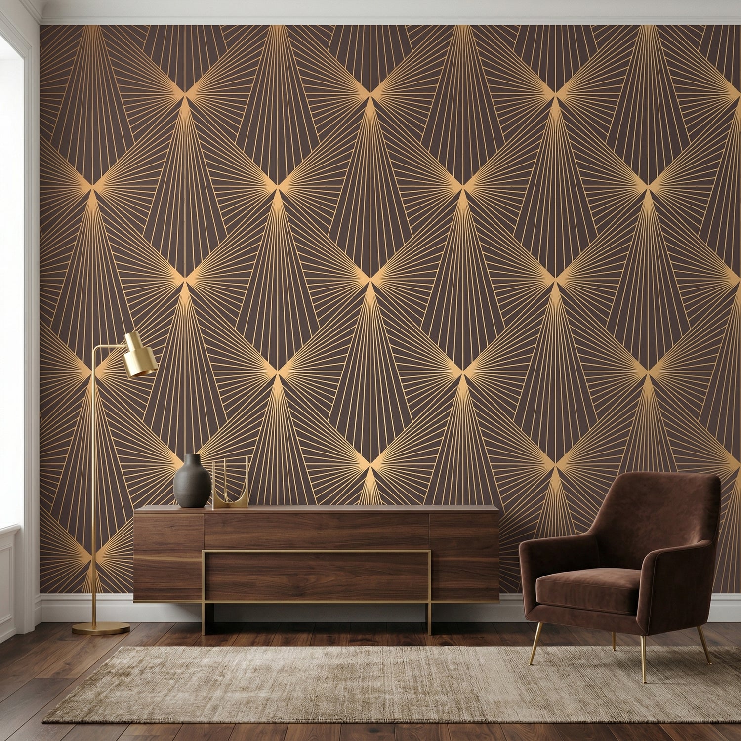 Art Deco Gold Geometric Wallpaper Peel and Stick – Dark Luxury Living Room Wall Mural | Eternal Walls