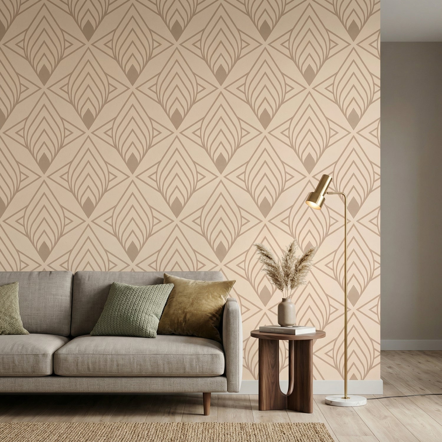 Beige Leaf Pattern Geometric Wallpaper for Living Room & Bedroom | Eternal Walls