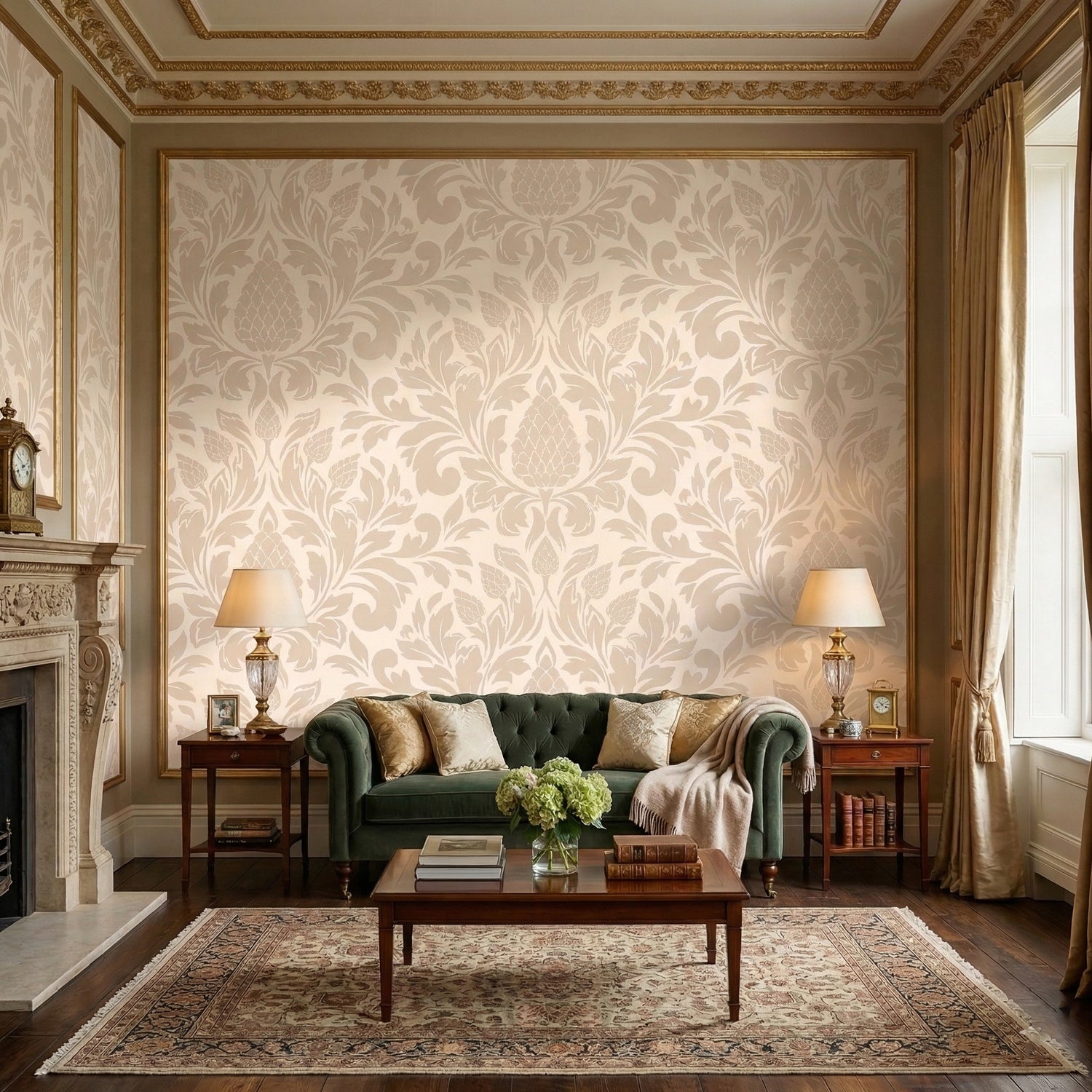 Beige Damask Wallpaper Peel and Stick – Elegant Neutral Floral Pattern for Living Room & Bedroom | Eternal Walls