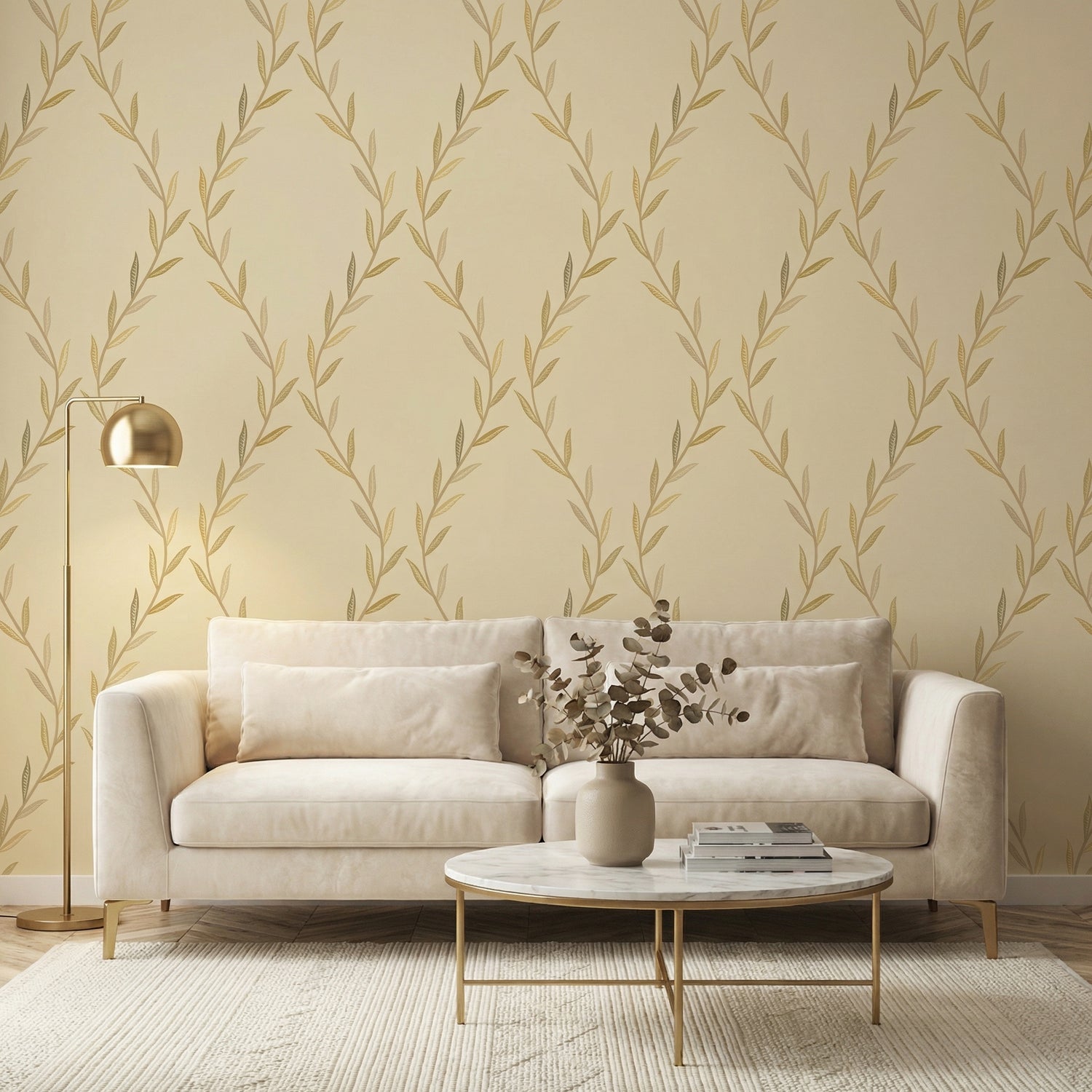 Beige & Gold Leaf Vine Pattern Wallpaper for Living Room & Bedroom | Eternal Walls