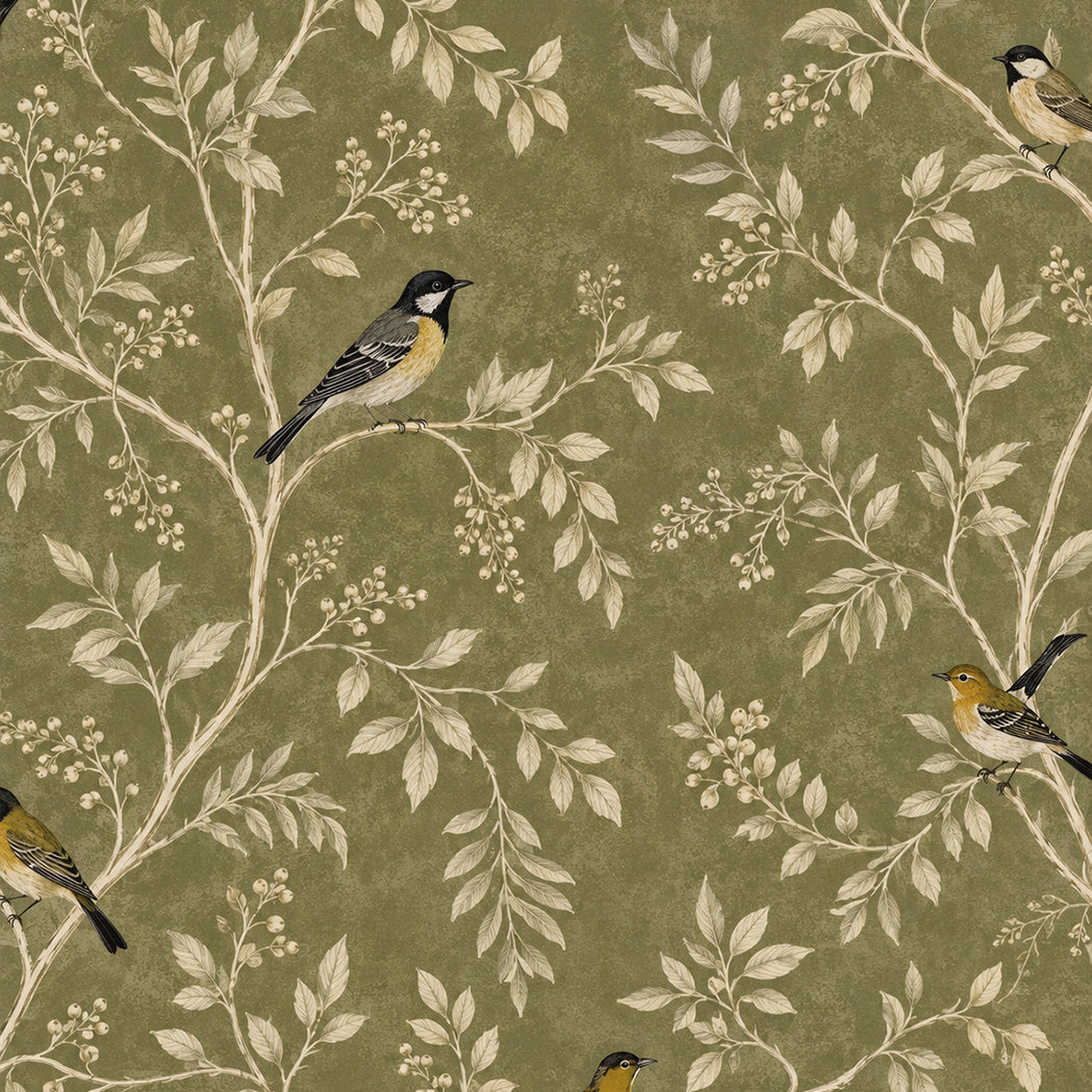 Olive Songbirds | Botanical Bird Ceiling Wallpaper