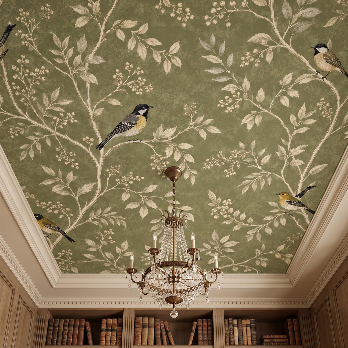 Olive Songbirds | Botanical Bird Ceiling Wallpaper