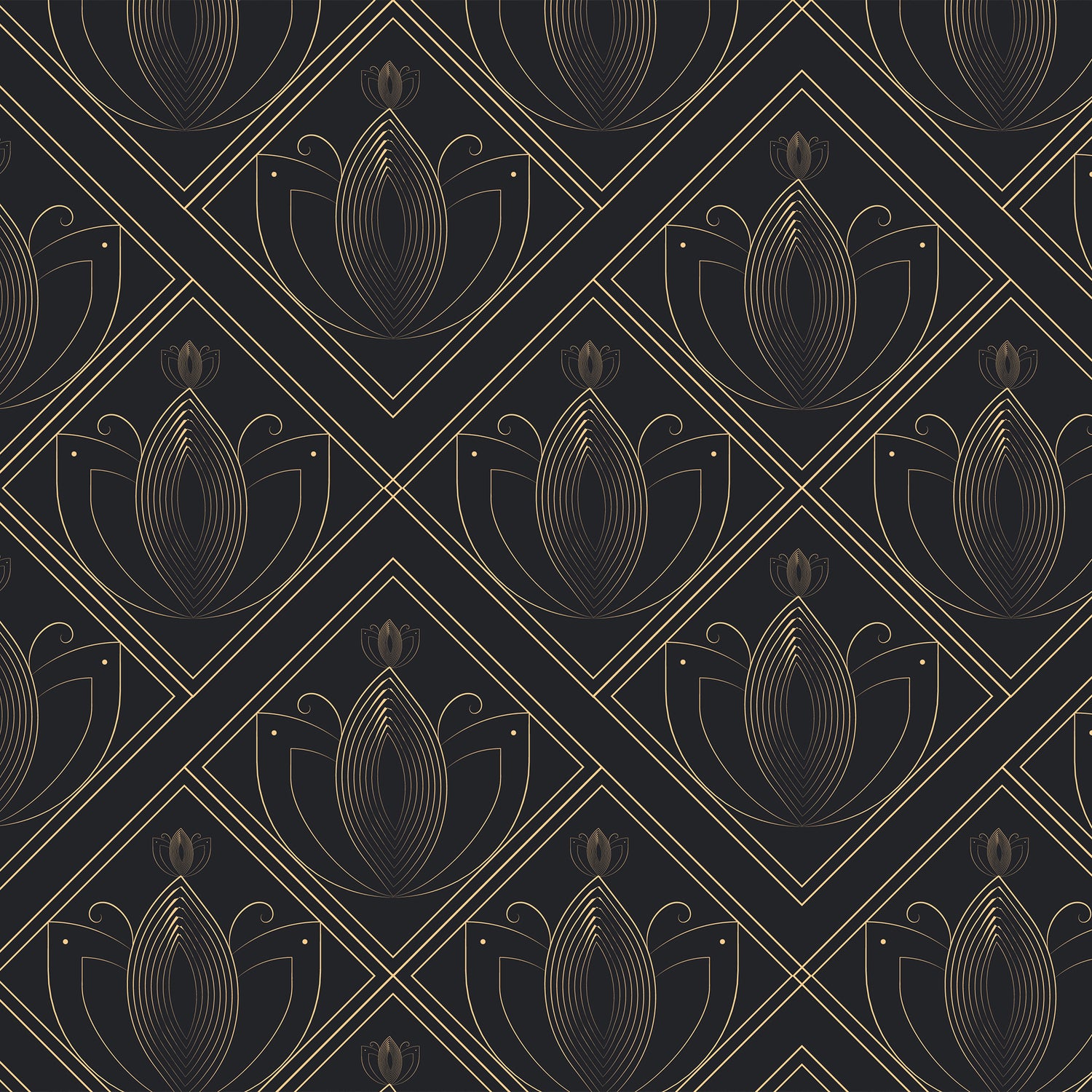 Black & Gold Art Deco Lotus Diamond Wallpaper | Luxury Geometric Peel & Stick Design