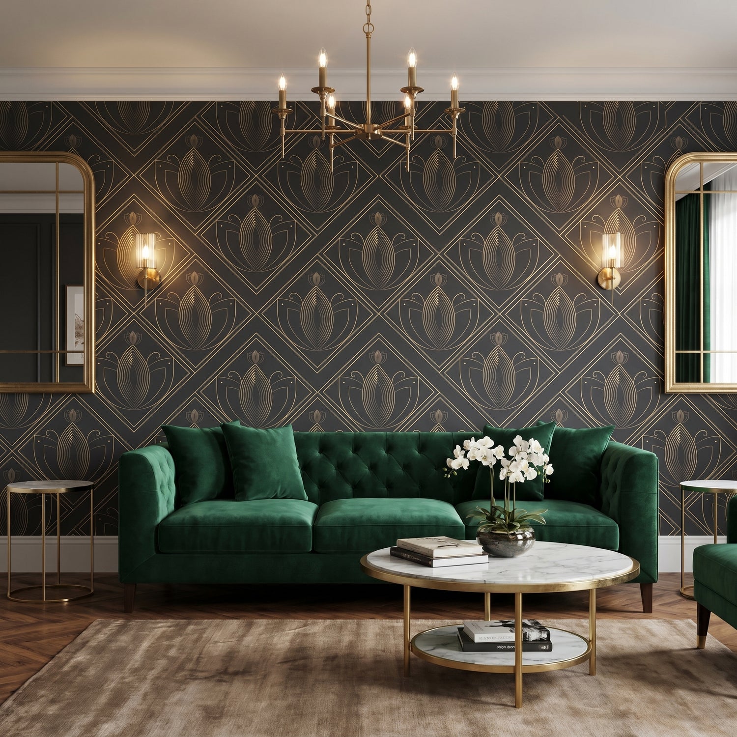 Black & Gold Art Deco Lotus Diamond Wallpaper | Luxury Geometric Peel & Stick Design