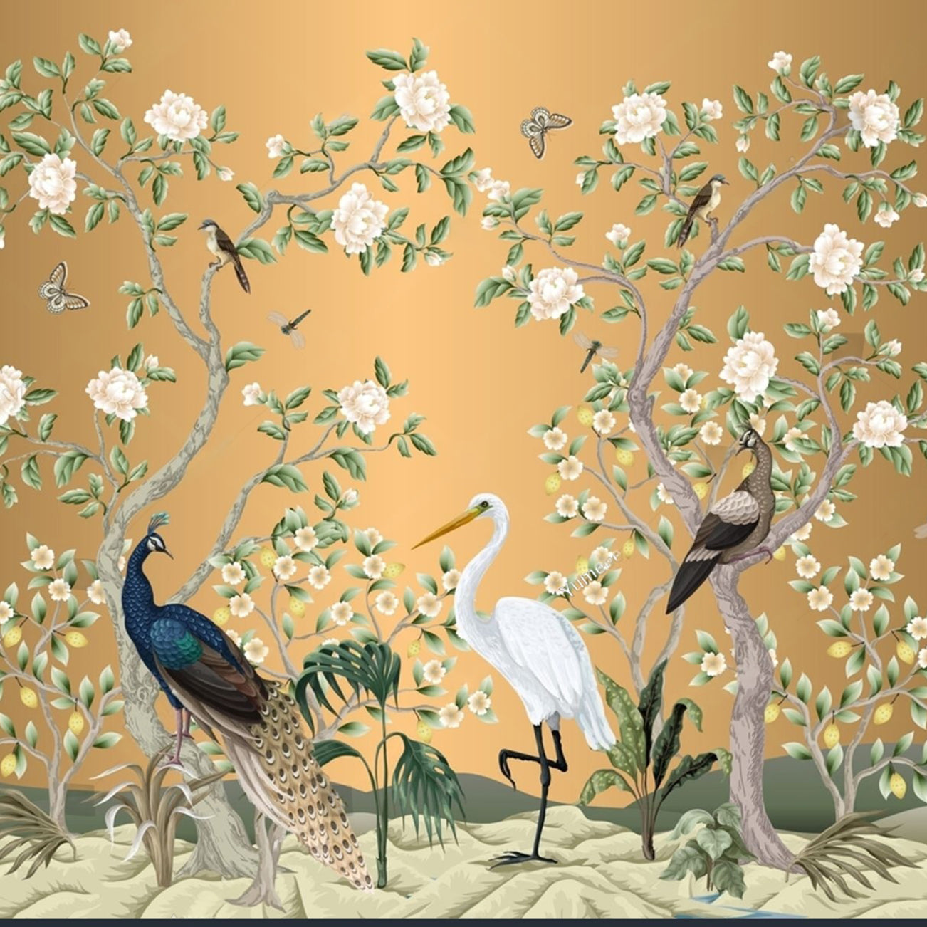 Chinoiserie Wallpaper Mural | Gold Peacock Egret Floral Wall Mural Peel and Stick