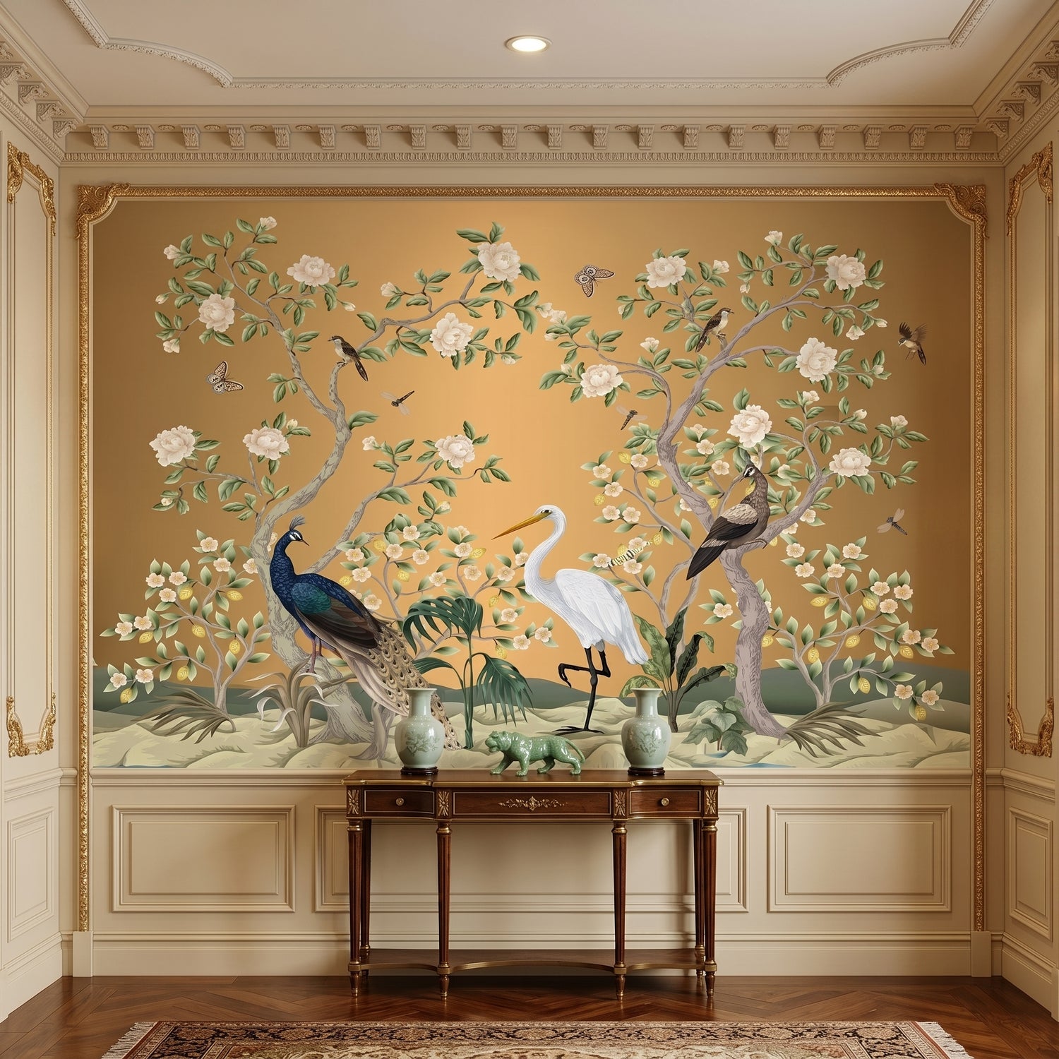 Chinoiserie Wallpaper Mural | Gold Peacock Egret Floral Wall Mural Peel and Stick