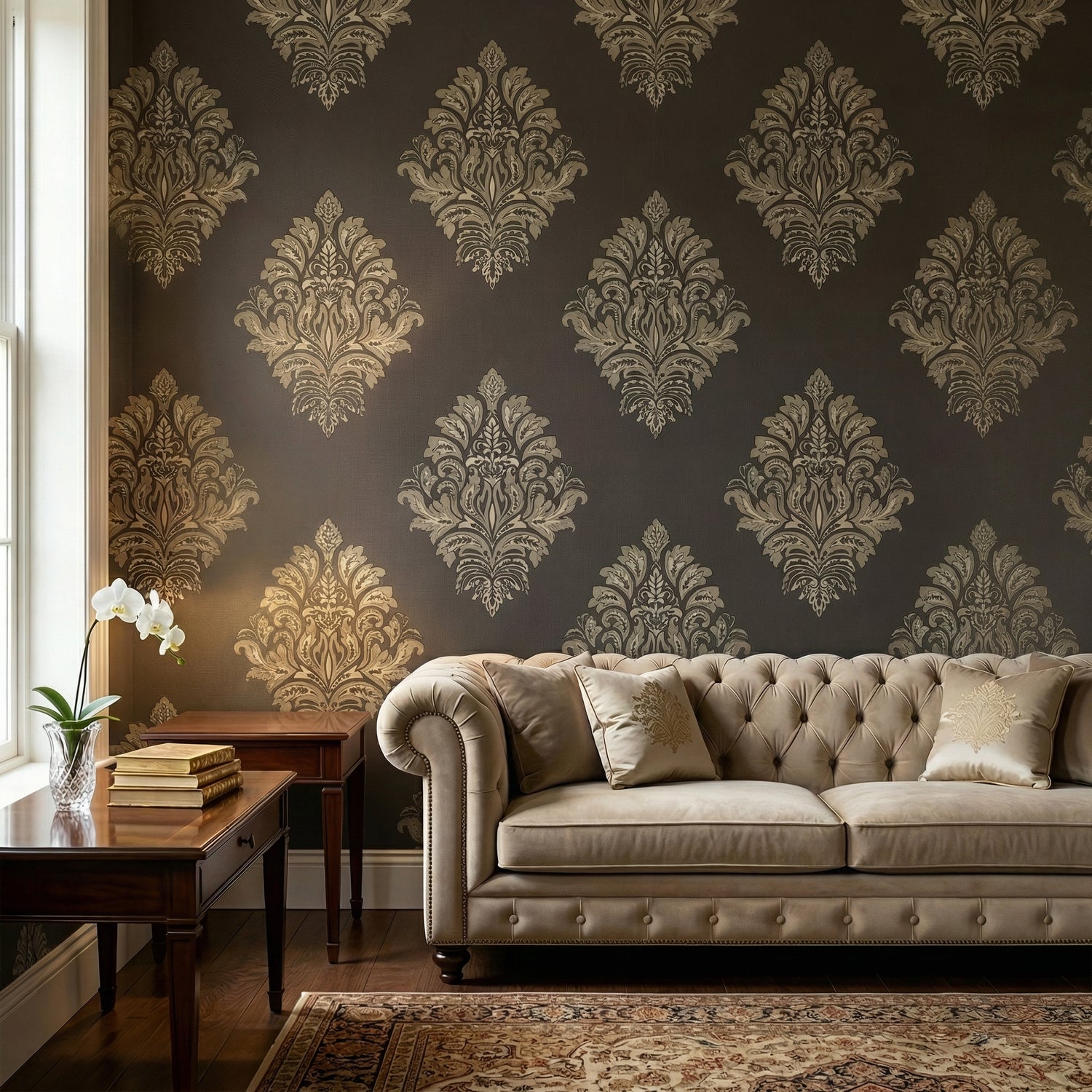 Classic Damask Gold Wallpaper Peel and Stick – Luxury Vintage Floral Pattern for Living Room Wall | Eternal Walls