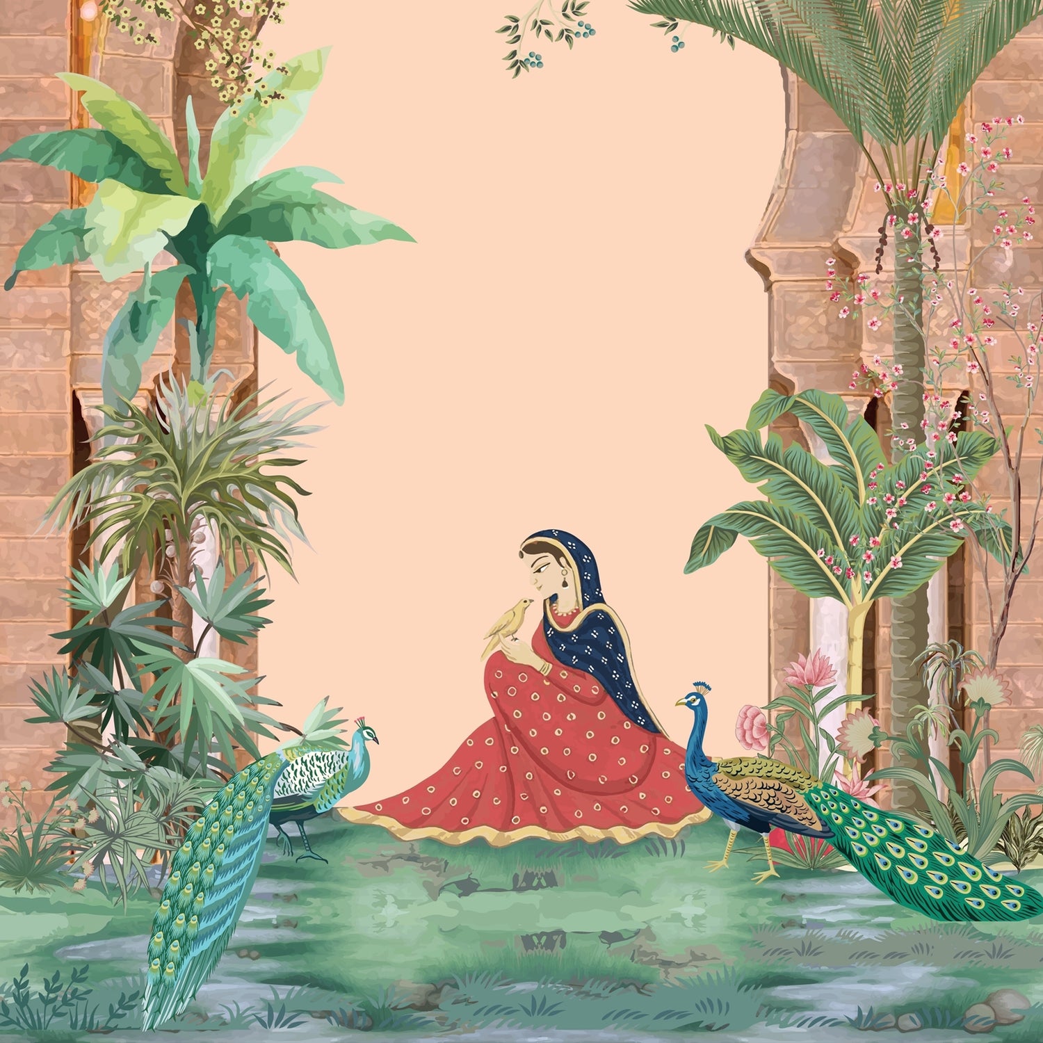 Indian Royal Garden Peel and Stick Wallpaper – Peacock Palace Wall Mural – Vintage Heritage Decor