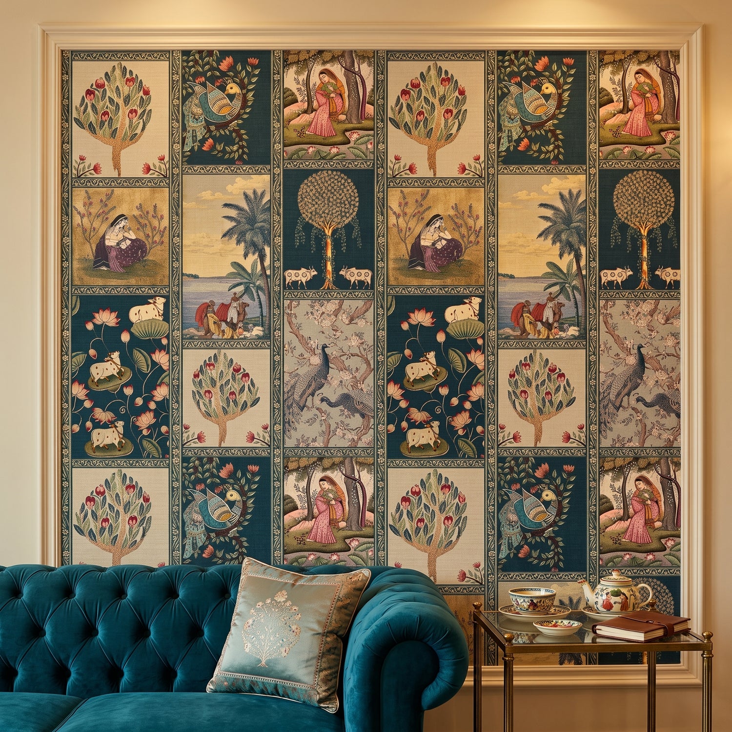 Indian Miniature patchwork Wallpaper Mural | Tree of Life Peacock Wall Mural | Eternal Walls
