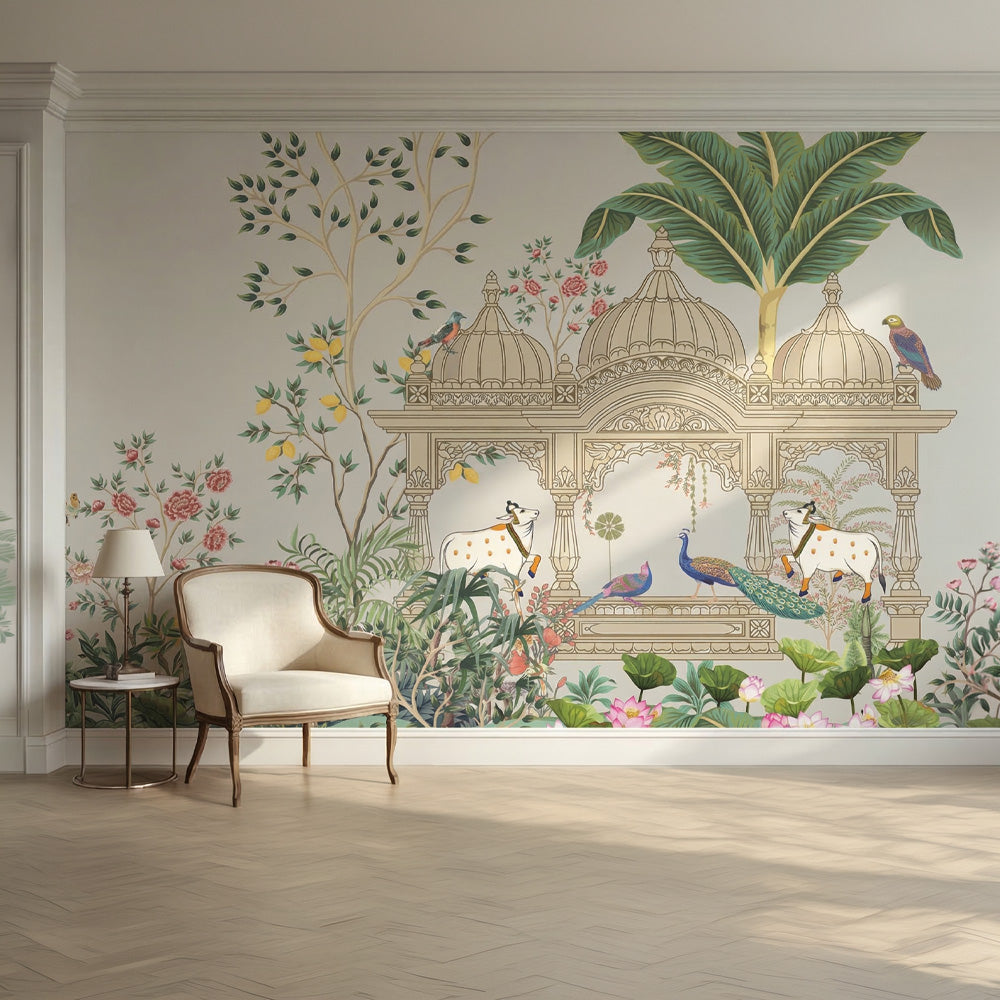 Indian Pichwai Garden Wallpaper Peel and Stick – Indian Peacock Cow Living Room Wall Mural