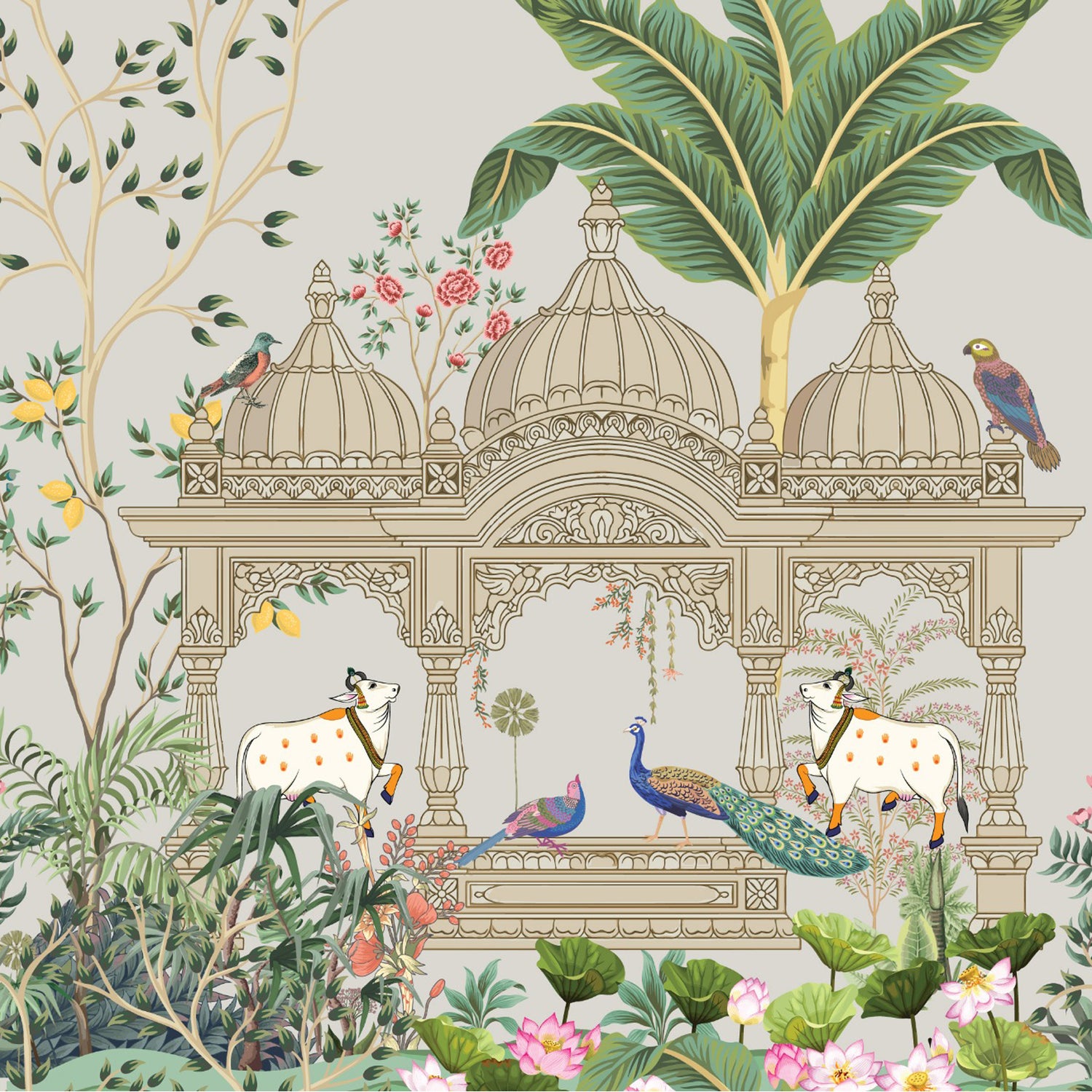 Indian Pichwai Garden Wallpaper Peel and Stick – Indian Peacock Cow Living Room Wall Mural