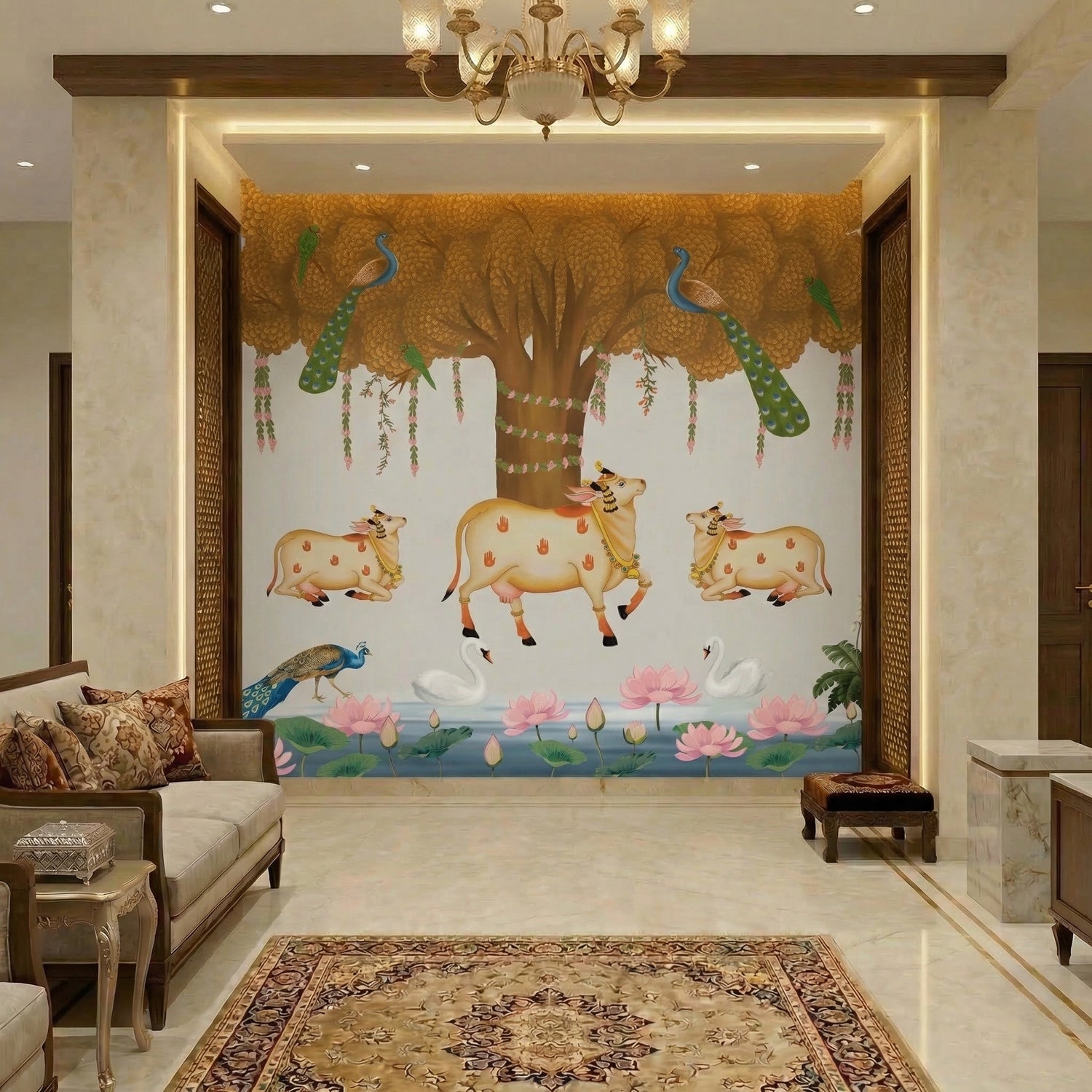 Indian Tree of Life Wallpaper Peel and Stick – Peacock Lotus Wall Mural for Living Room | Eternal Walls