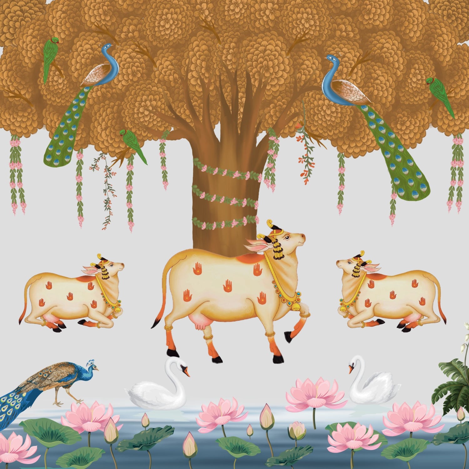 Indian Tree of Life Wallpaper Peel and Stick – Peacock Lotus Wall Mural for Living Room | Eternal Walls