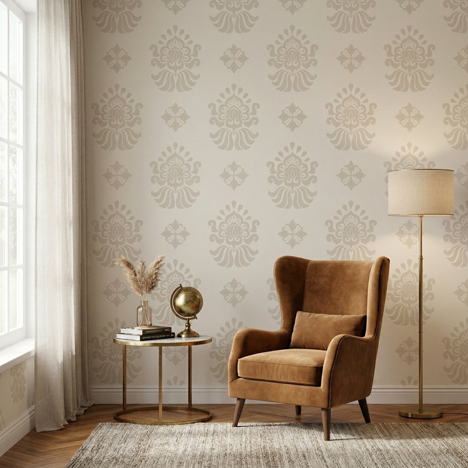 Ivory Damask Peel and Stick Wallpaper | Elegant Small Motif Floral Wall Design | Eternal Walls