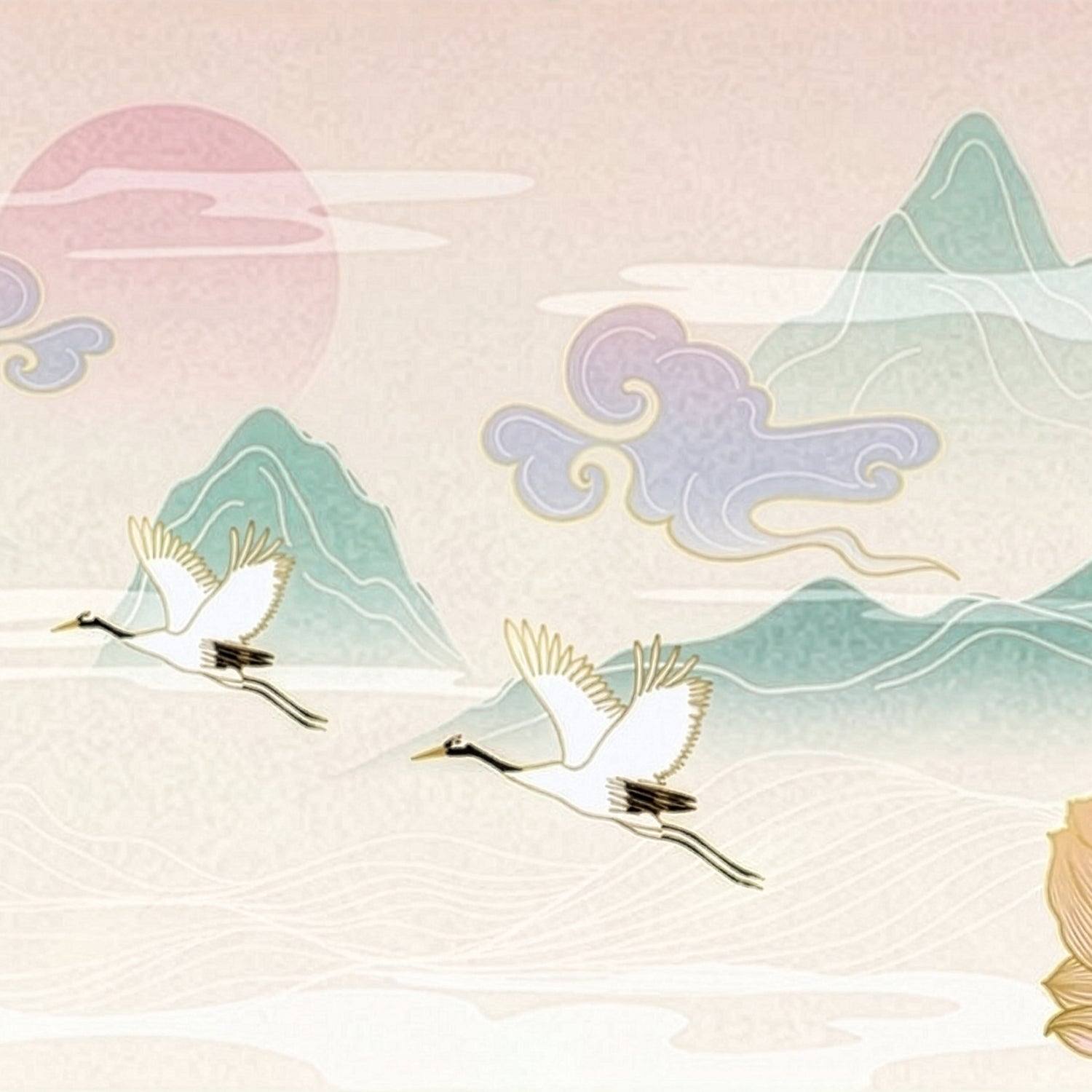 Japanese Crane Wallpaper Mural | Flying Crane Lotus Floral Wall Mural Peel and Stick