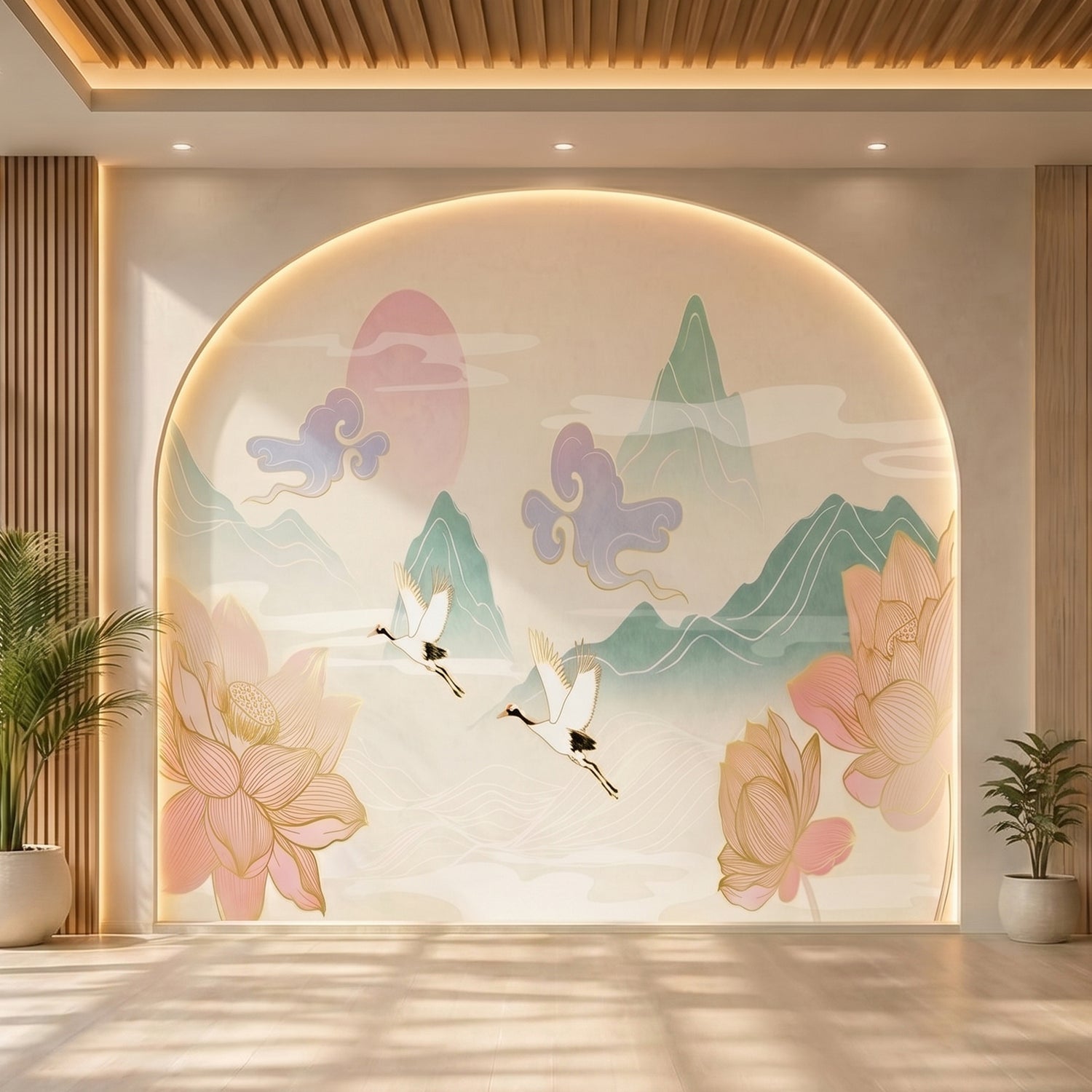 Japanese Crane Wallpaper Mural | Flying Crane Lotus Floral Wall Mural Peel and Stick
