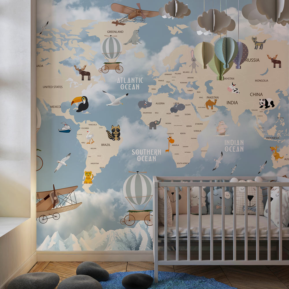 Kids World Map Wallpaper Peel and Stick | Animal Nursery Wall Mural by Eternal Walls