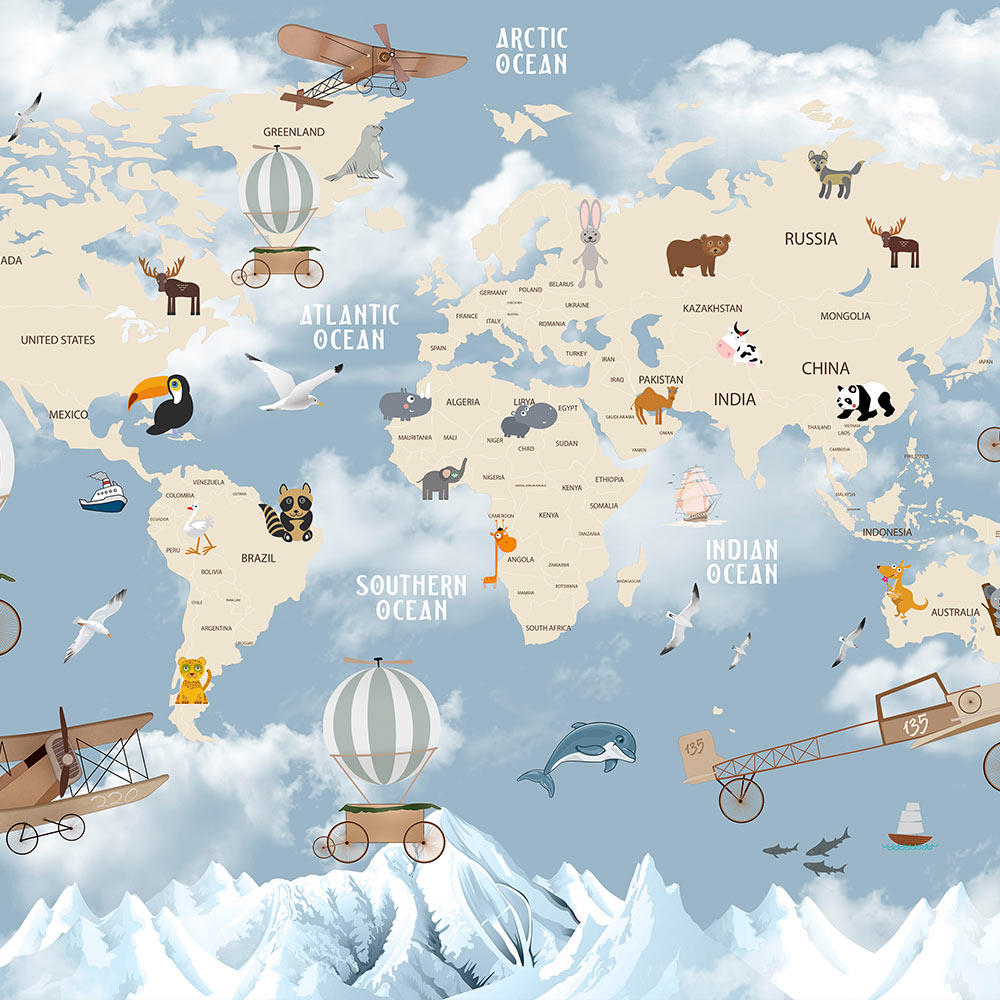 Kids World Map Wallpaper Peel and Stick | Animal Nursery Wall Mural by Eternal Walls