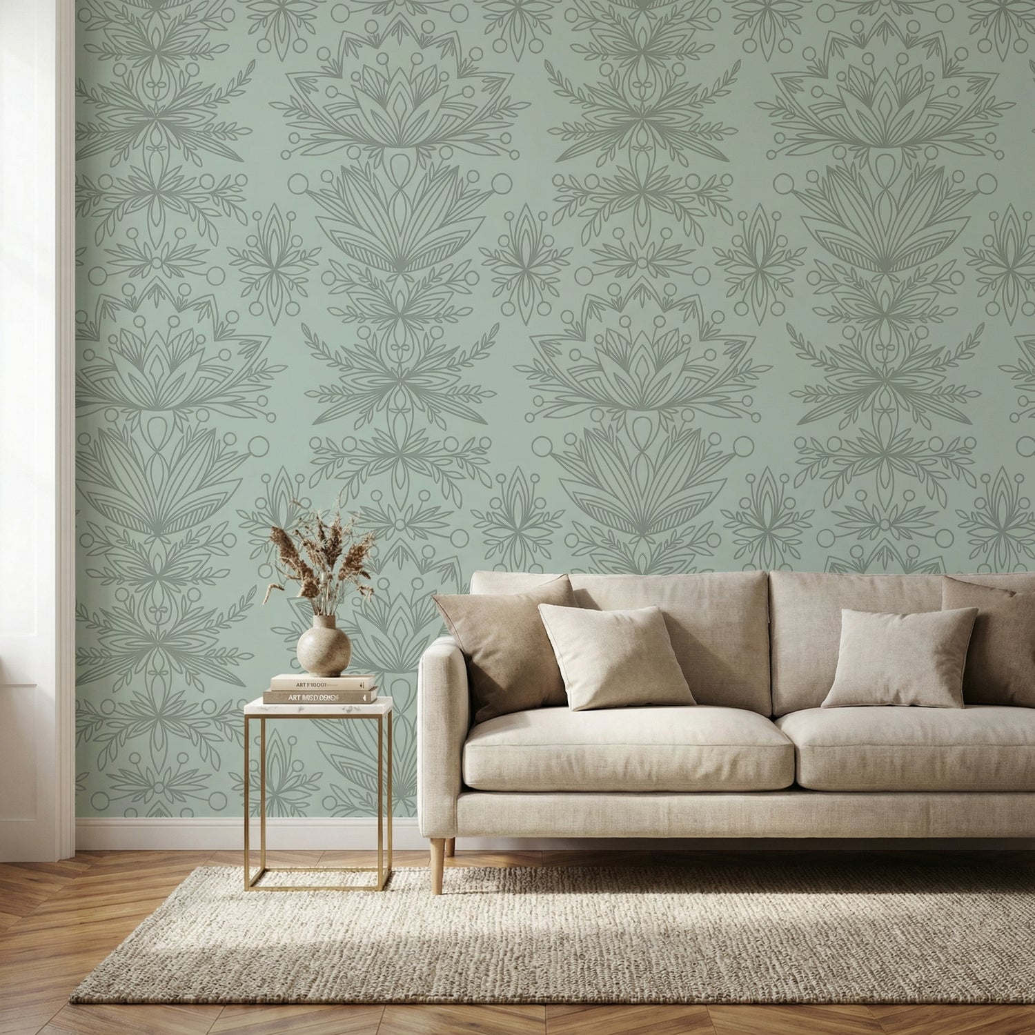 Lotus Pattern Wallpaper Peel and Stick – Sage Green Minimal Floral | Eternal Walls