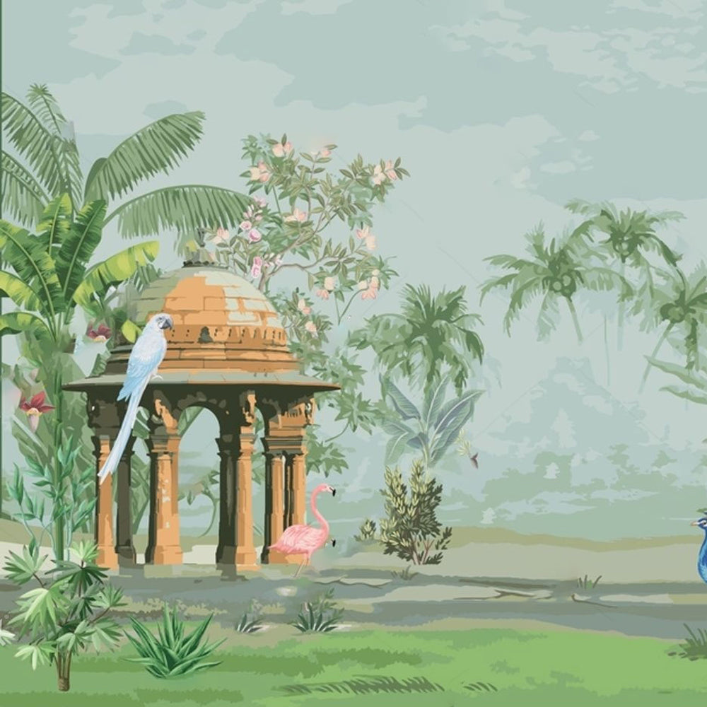 Luxury Tropical Garden Palace Wall Mural Wallpaper | Botanical Bird Scenic Peel & Stick Wallpaper