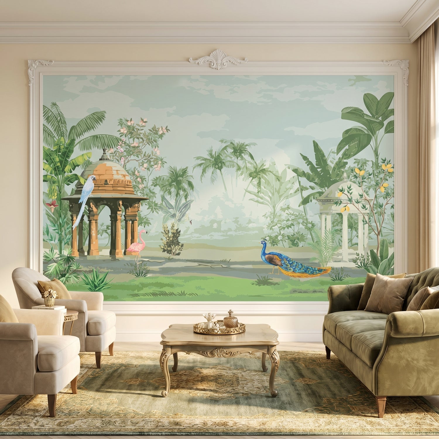 Luxury Tropical Garden Palace Wall Mural Wallpaper | Botanical Bird Scenic Peel & Stick Wallpaper