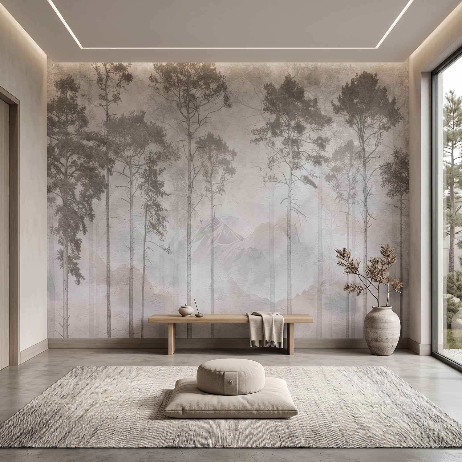 Misty Forest Wallpaper Mural | Grey Tree Mountain Wall Mural Peel and Stick