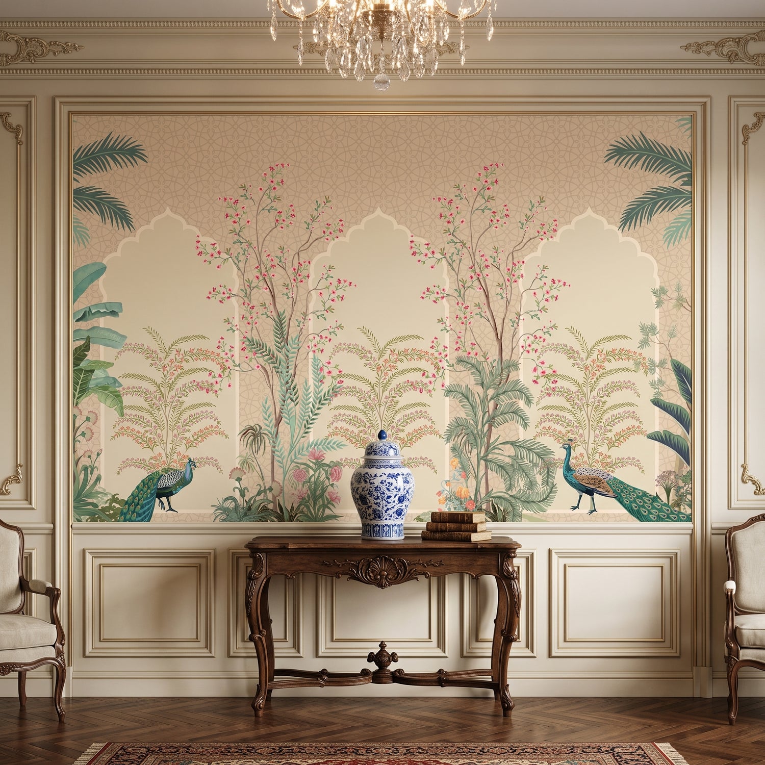 Mughal Garden Wallpaper Mural | Peacock Floral Wall Mural Peel and Stick | Indian Botanical Wallpaper