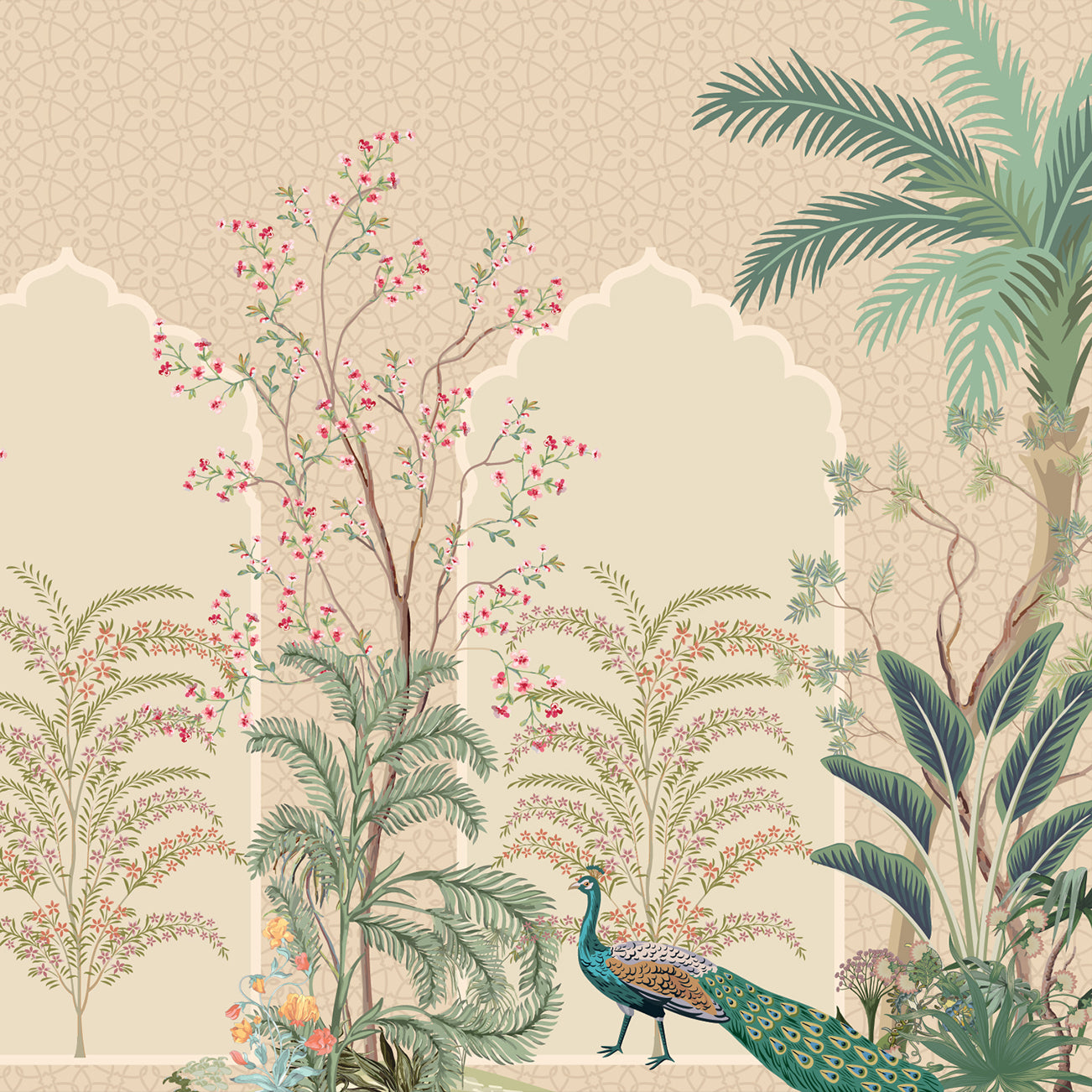 Mughal Garden Wallpaper Mural | Peacock Floral Wall Mural Peel and Stick | Indian Botanical Wallpaper