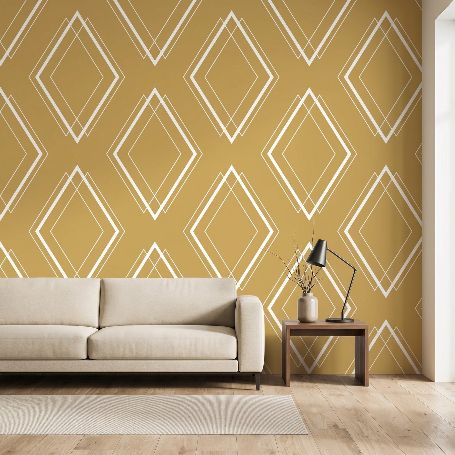Mustard Gold Diamond Geometric Wallpaper for Living Room & Bedroom | Eternal Walls