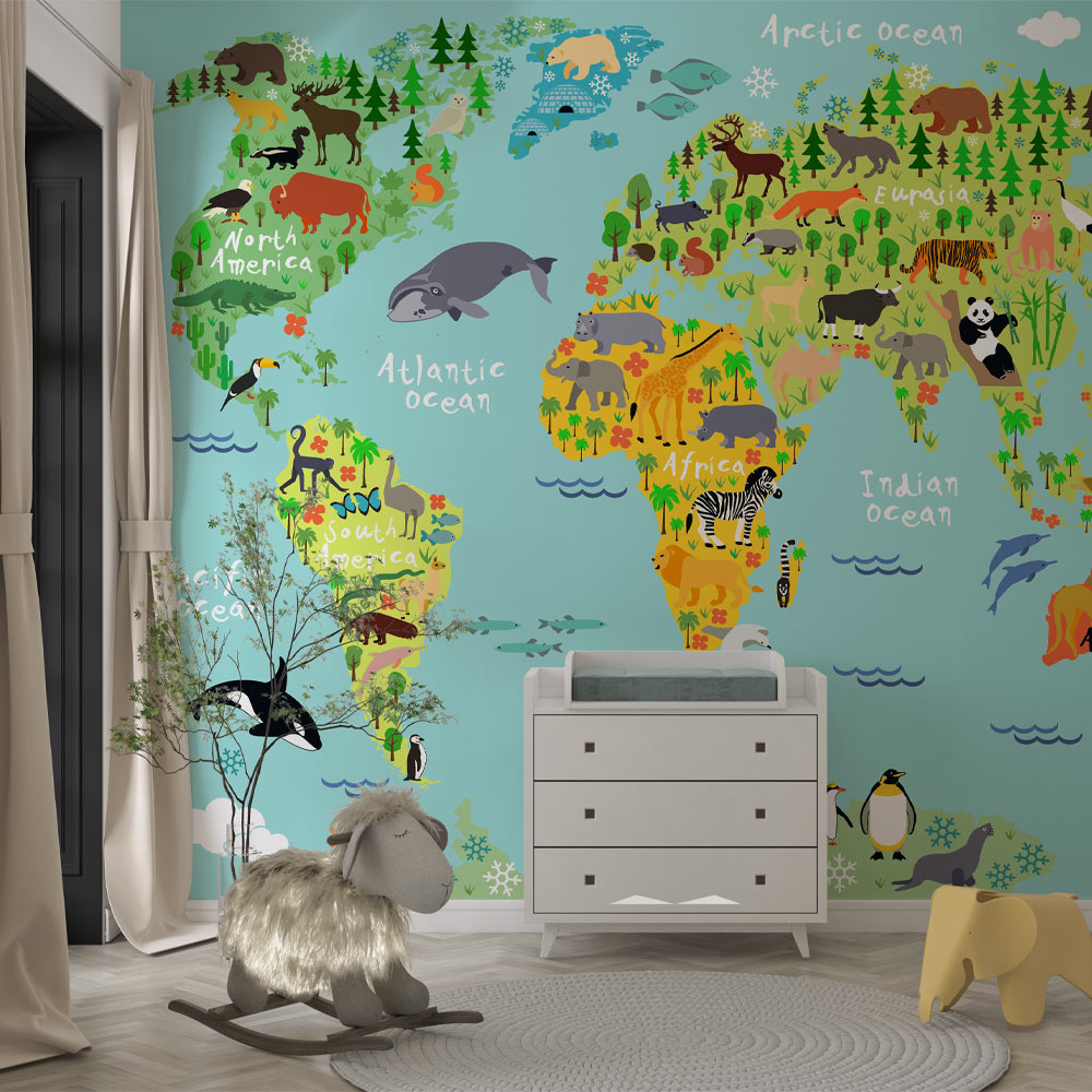 Kids World Map Wallpaper Peel and Stick | Nursery Wallpaper | Removable Wallpaper for Kids Room | Eternal Walls