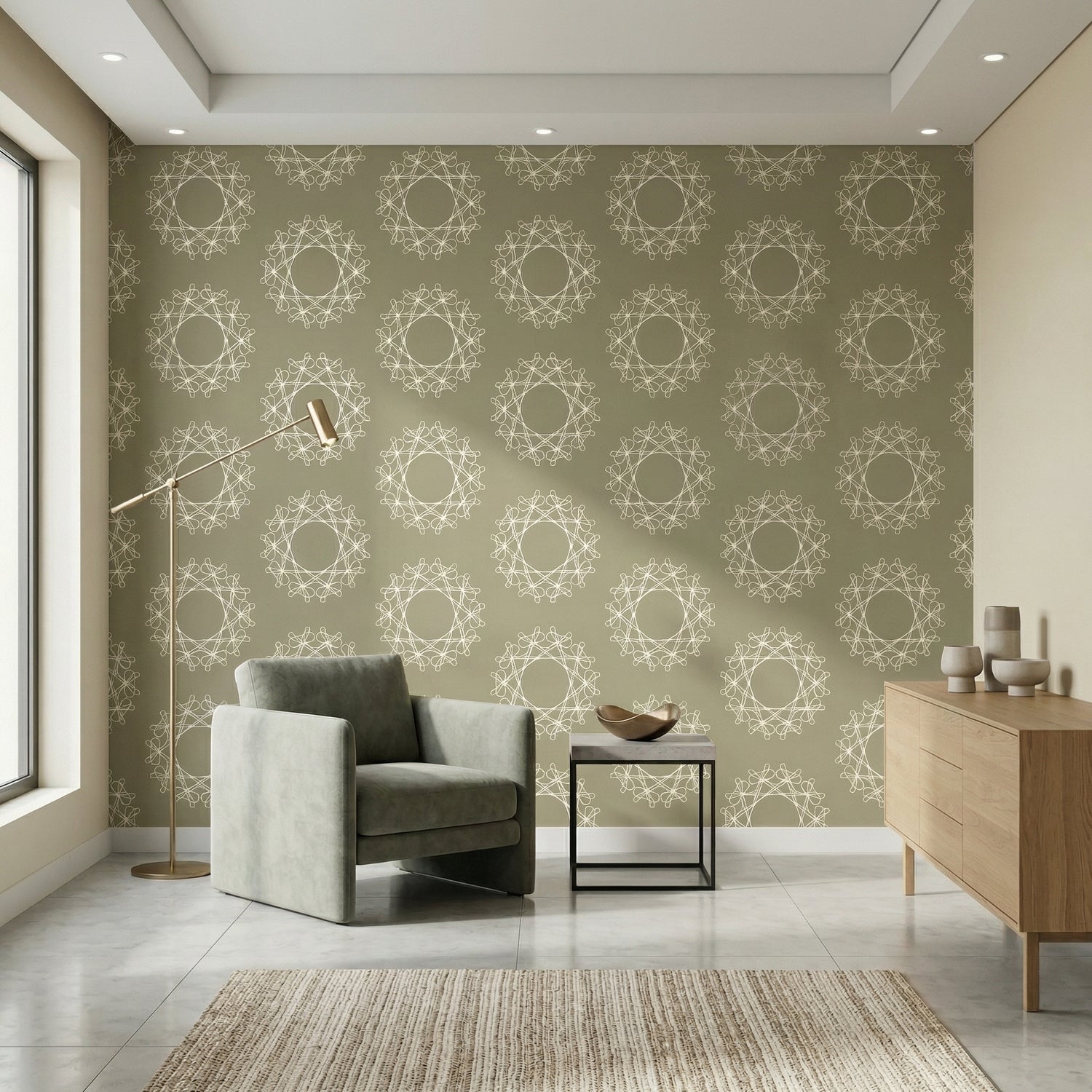 Olive Beige Floral Mandala Pattern Wallpaper for Living Room & Bedroom | Eternal Walls