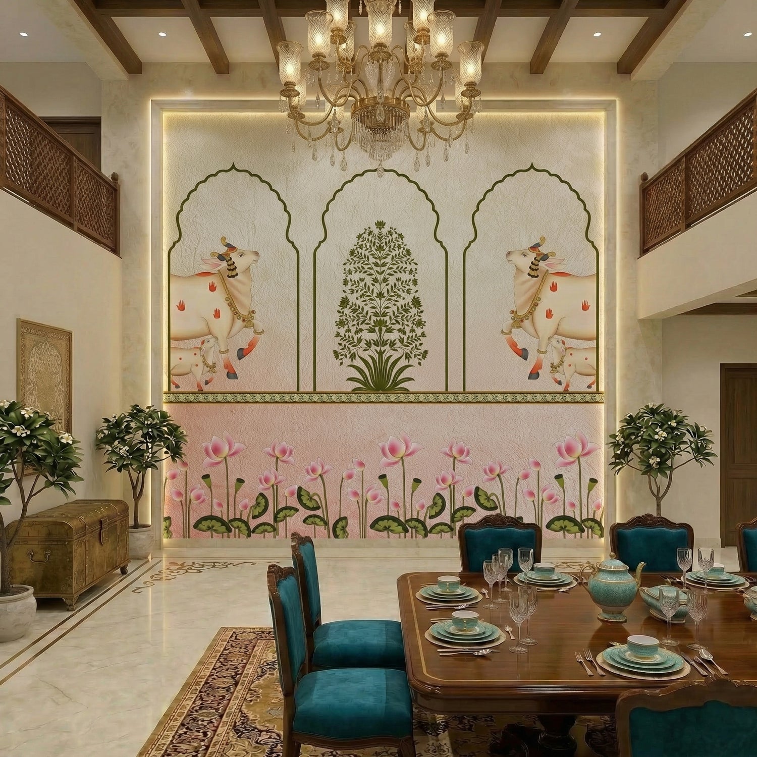 Pichwai Kamadhenu Cow Wallpaper Peel and Stick | Lotus Floral Indian Wall Mural | Eternal Walls