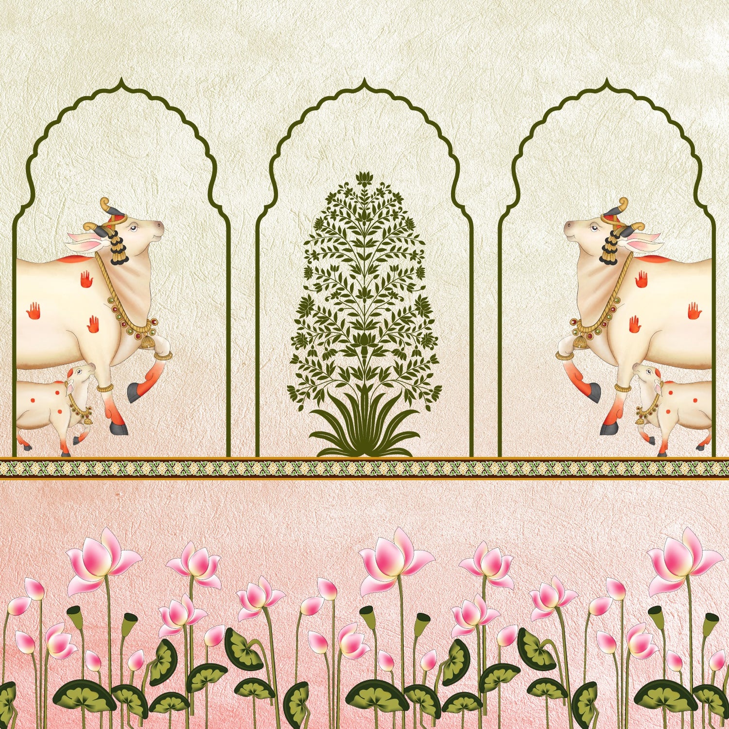 Pichwai Kamadhenu Cow Wallpaper Peel and Stick | Lotus Floral Indian Wall Mural | Eternal Walls