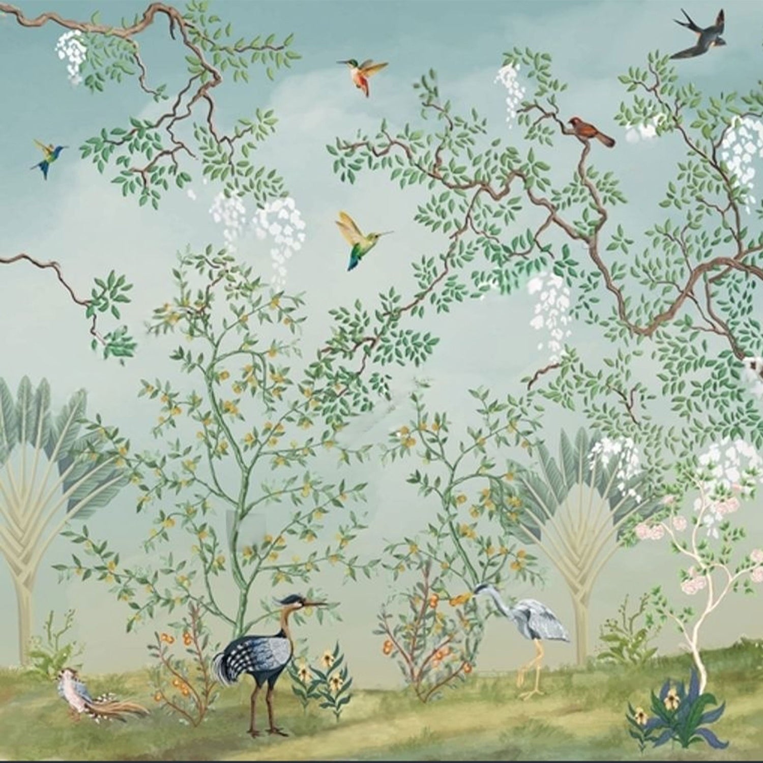 Luxury Botanical Bird Garden Wall Mural Wallpaper | Scenic Nature Peel & Stick Wallpaper