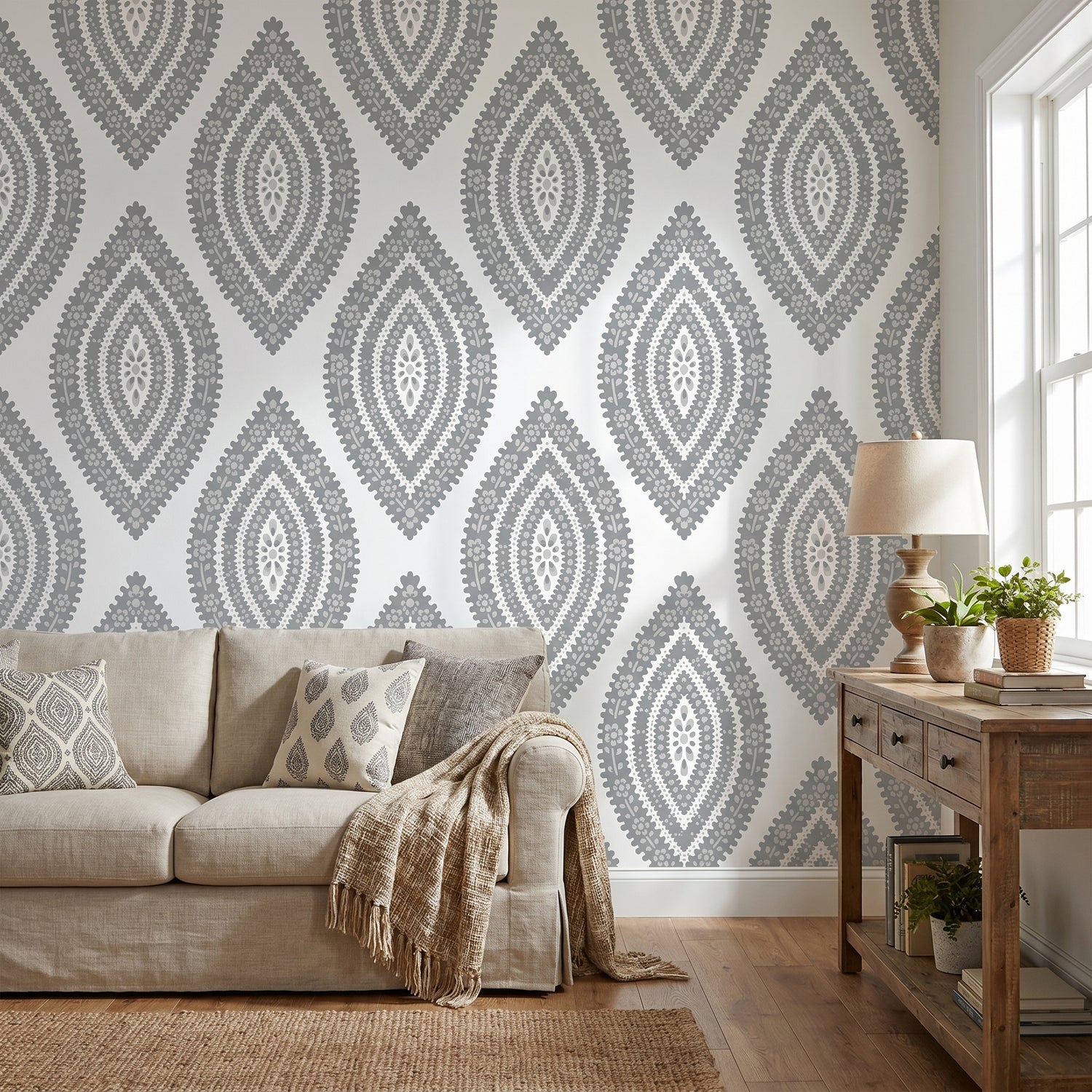 Soft Grey Paisley Medallion Wallpaper | Elegant Peel & Stick Seamless Pattern