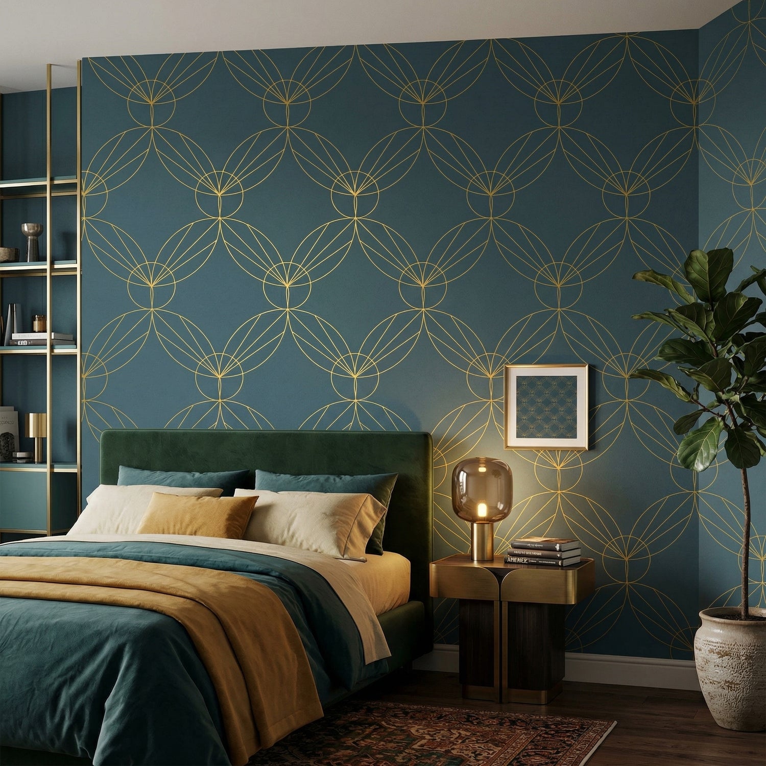 Teal Blue & Gold Interlocking Circle Geometric Wallpaper for Living Room | Eternal Walls