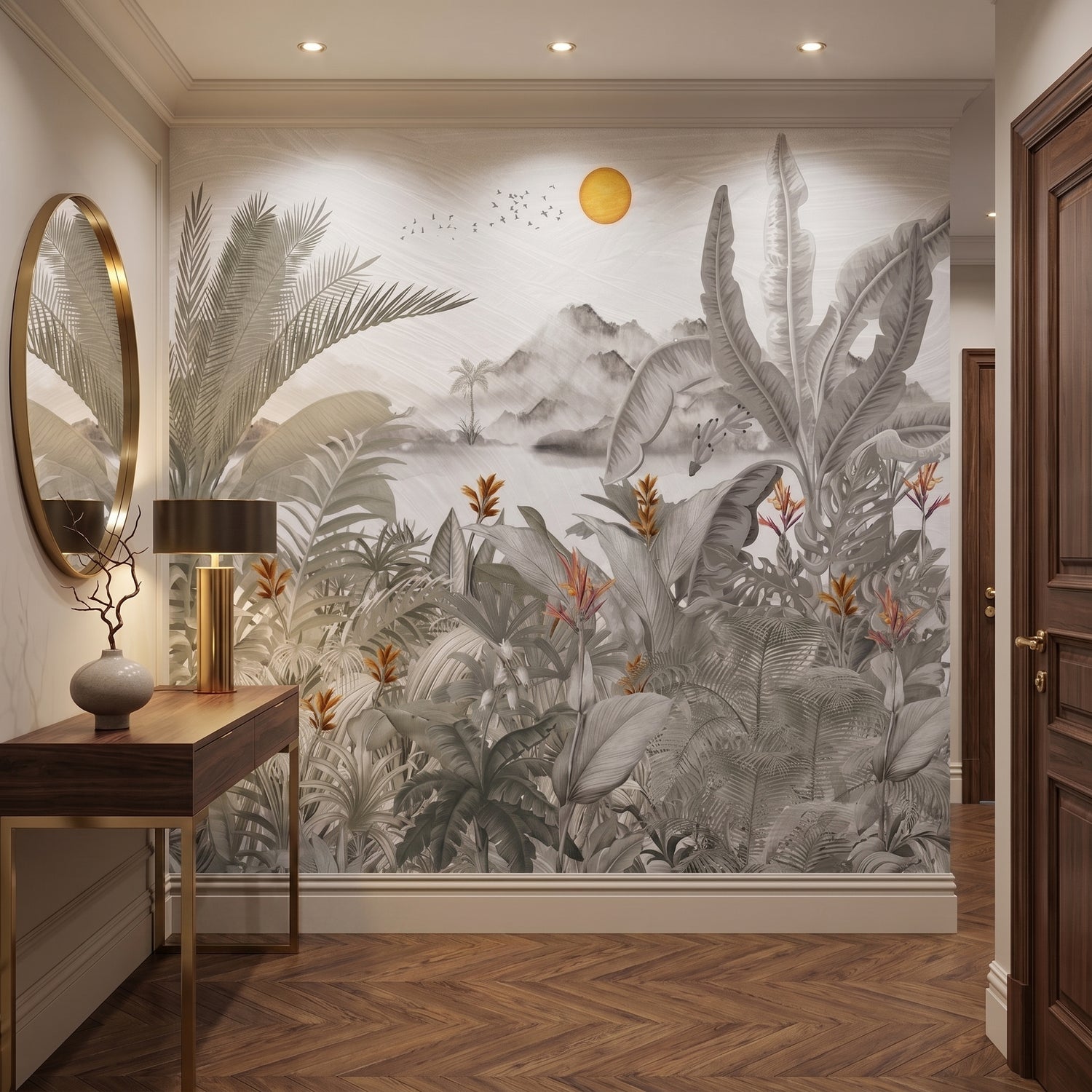 Tropical Banana Leaf Mountain Wallpaper Mural | Chinoiserie Wall Mural | EternalWalls