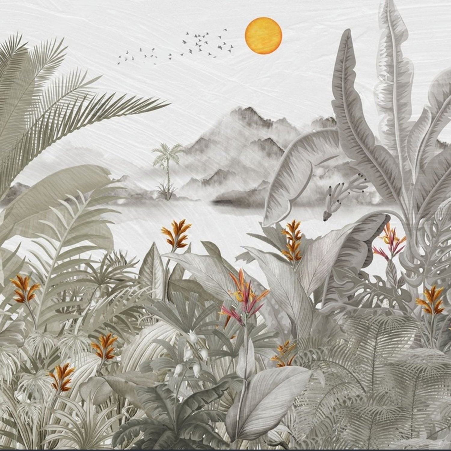 Tropical Banana Leaf Mountain Wallpaper Mural | Chinoiserie Wall Mural | EternalWalls