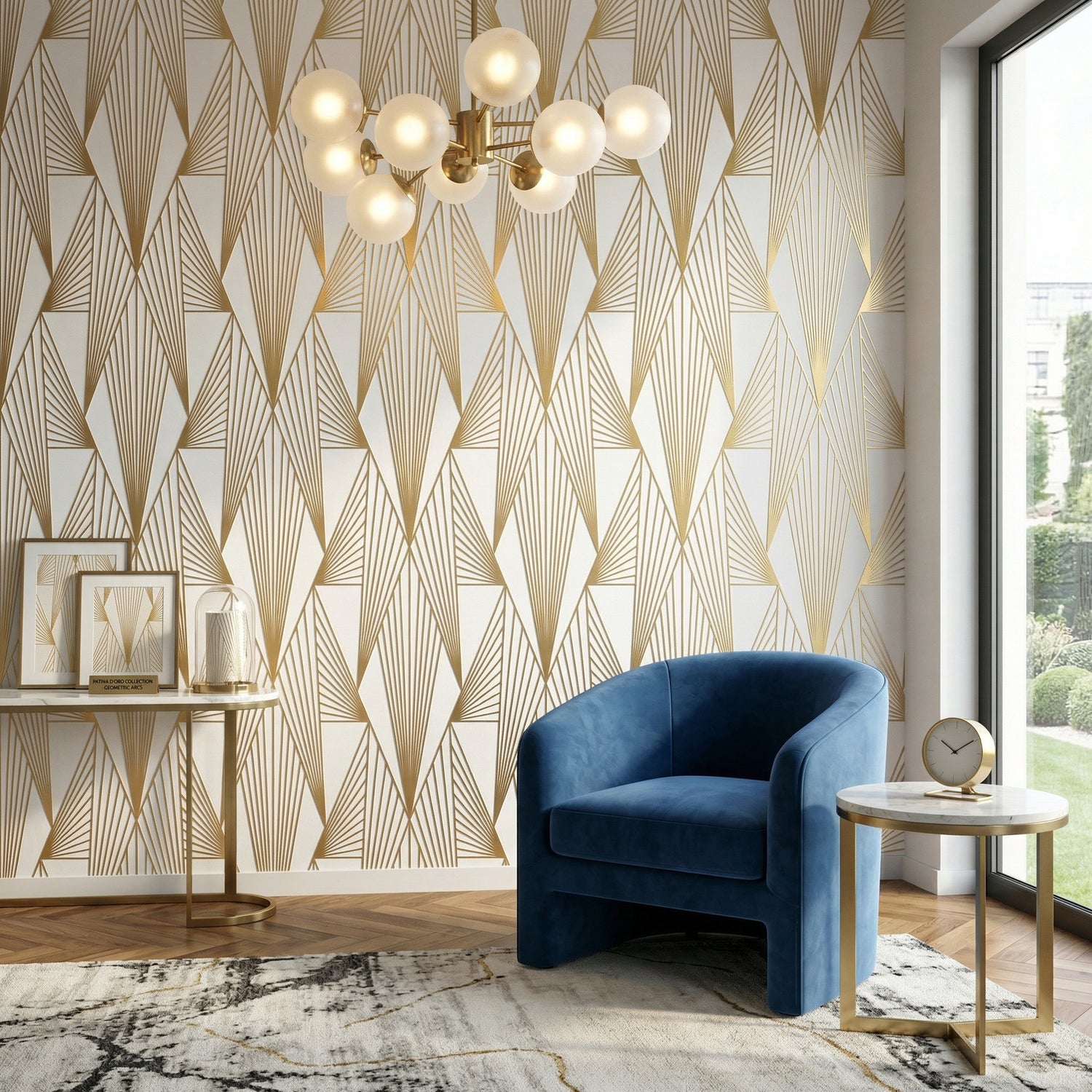 White & Gold Art Deco Chevron Fan Wallpaper | Luxury Linear Geometric Peel & Stick