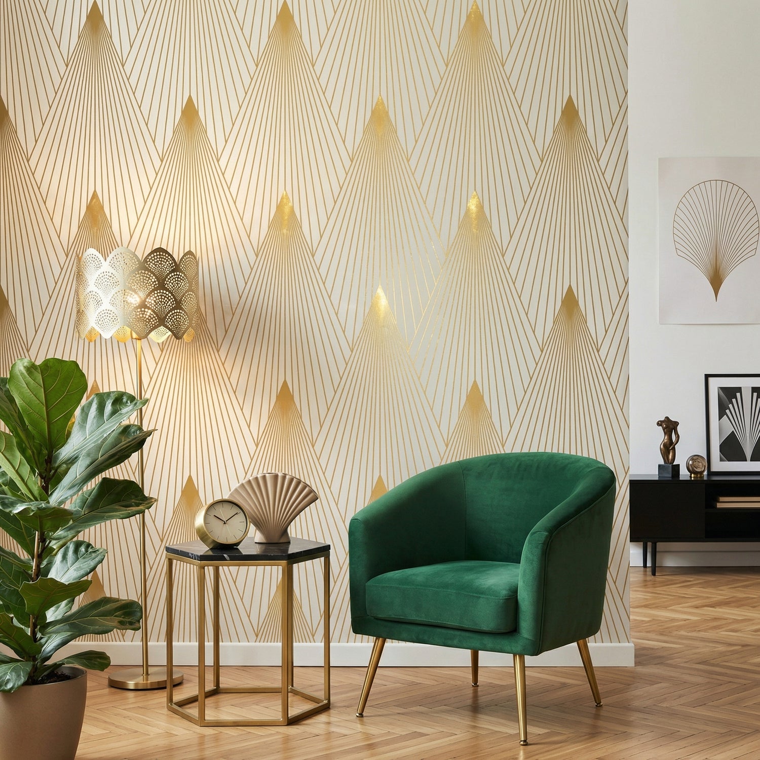 White & Gold Art Deco Fan Pattern Wallpaper | Luxury Geometric Peel & Stick Design