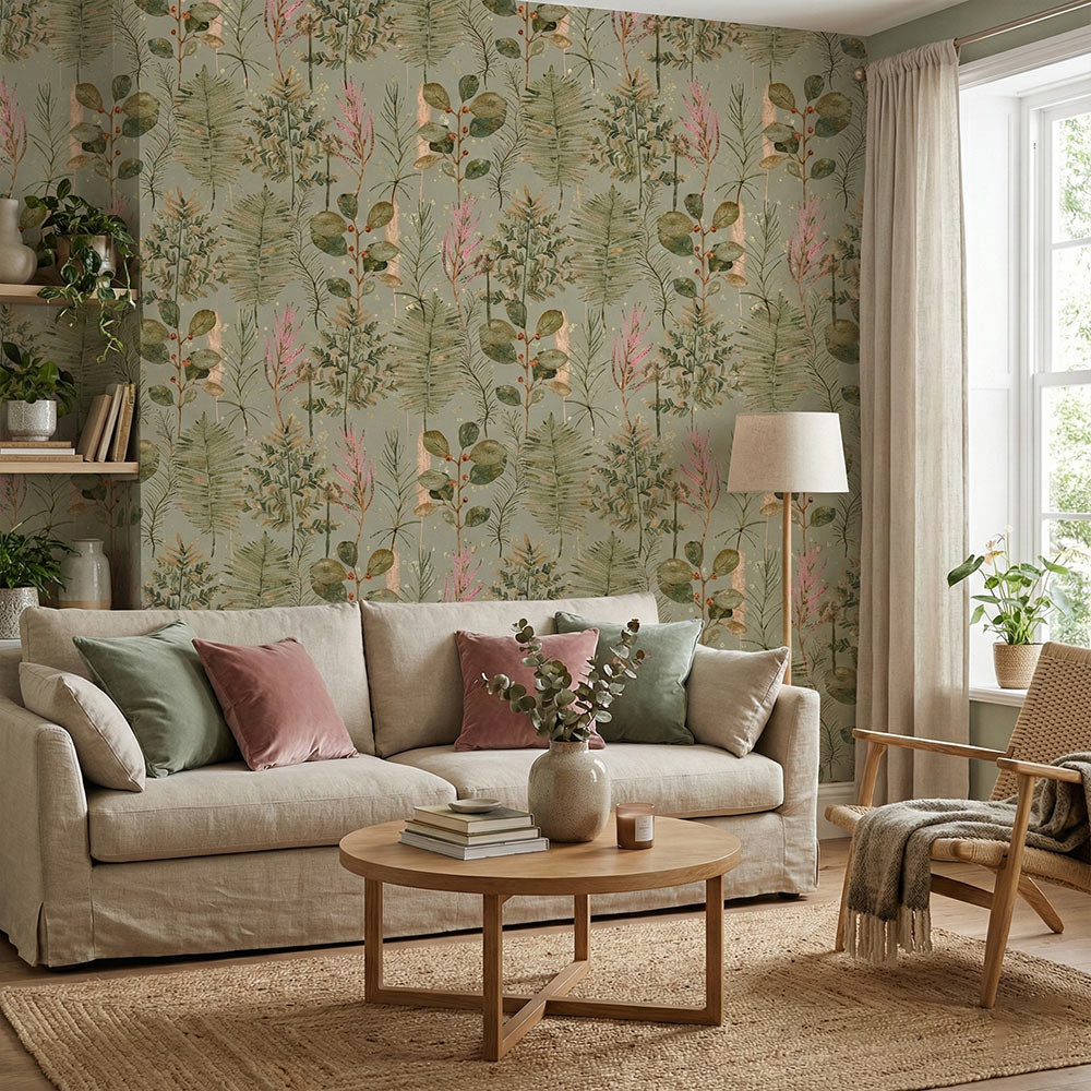 Sage Botanical Peel and Stick Wallpaper – Vintage Floral Leaf Wall Decor – Removable Cottagecore Pattern