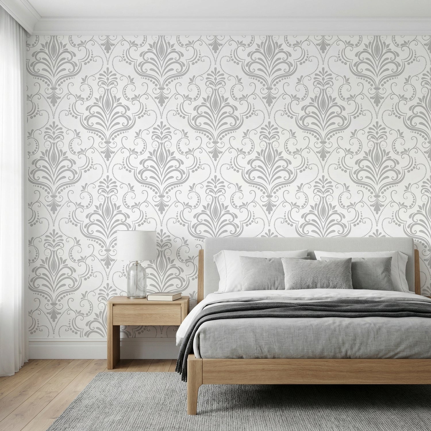 White & Grey Damask Peel and Stick Wallpaper | Classic Floral Wall Design — Eternal Walls