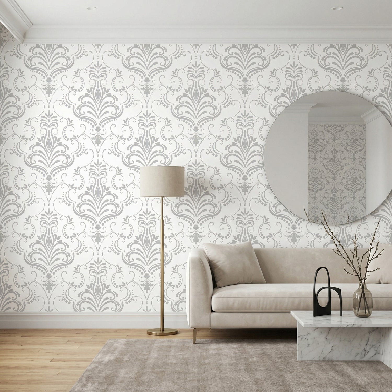 White & Grey Damask Peel and Stick Wallpaper | Classic Floral Wall Design — Eternal Walls
