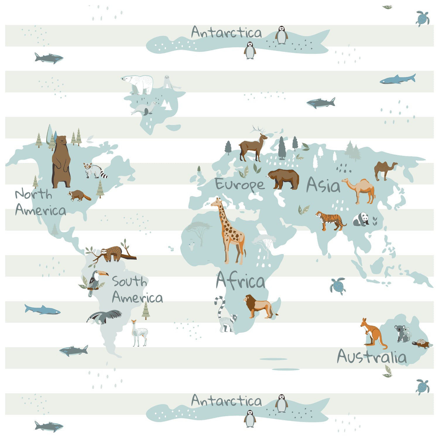 Animal World Map Kids Wallpaper