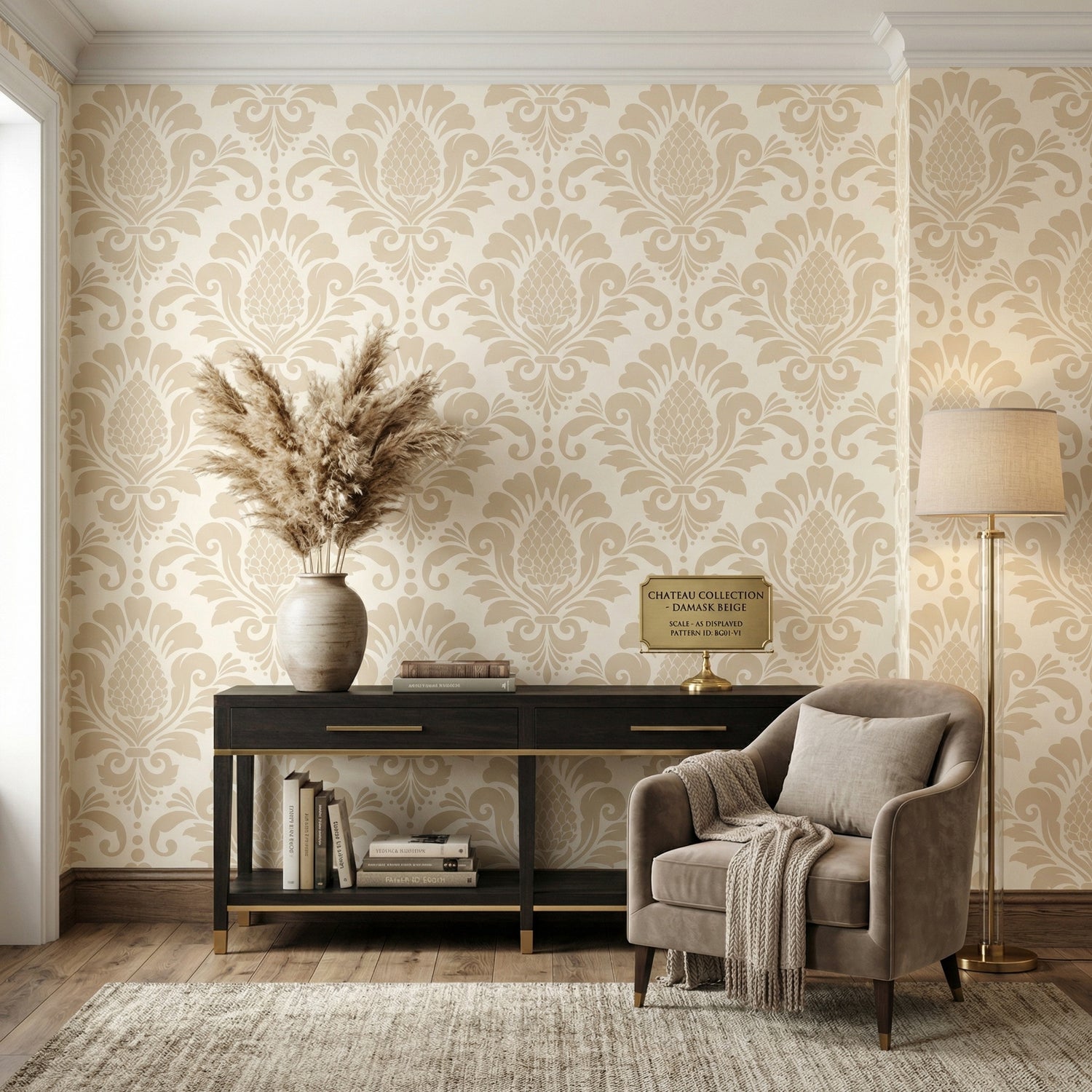 Cream & Beige Damask Peel and Stick Wallpaper | Vintage Floral Wall Design | Eternal Walls
