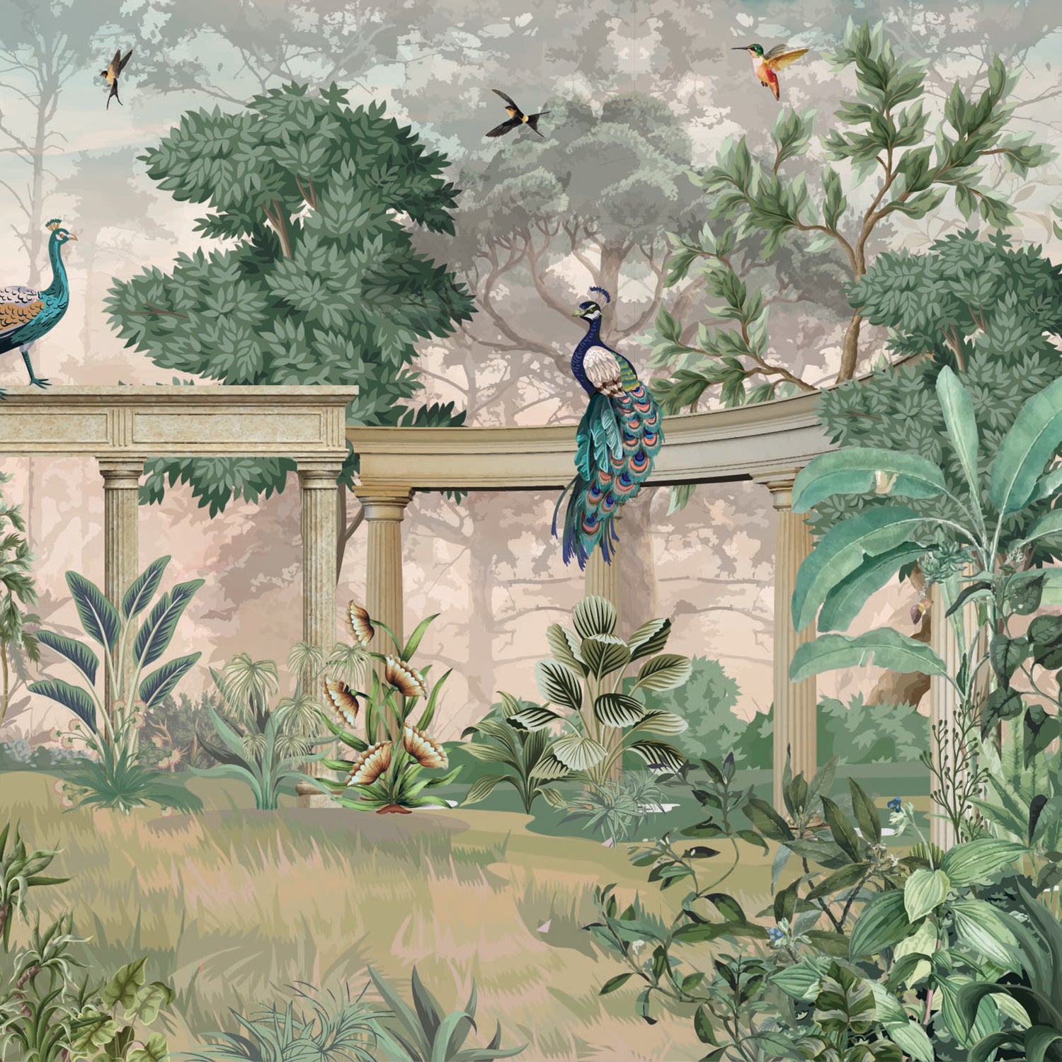 Peacock Garden Peel and Stick Wallpaper – Vintage Palace Wall Mural – Botanical Heritage Decor