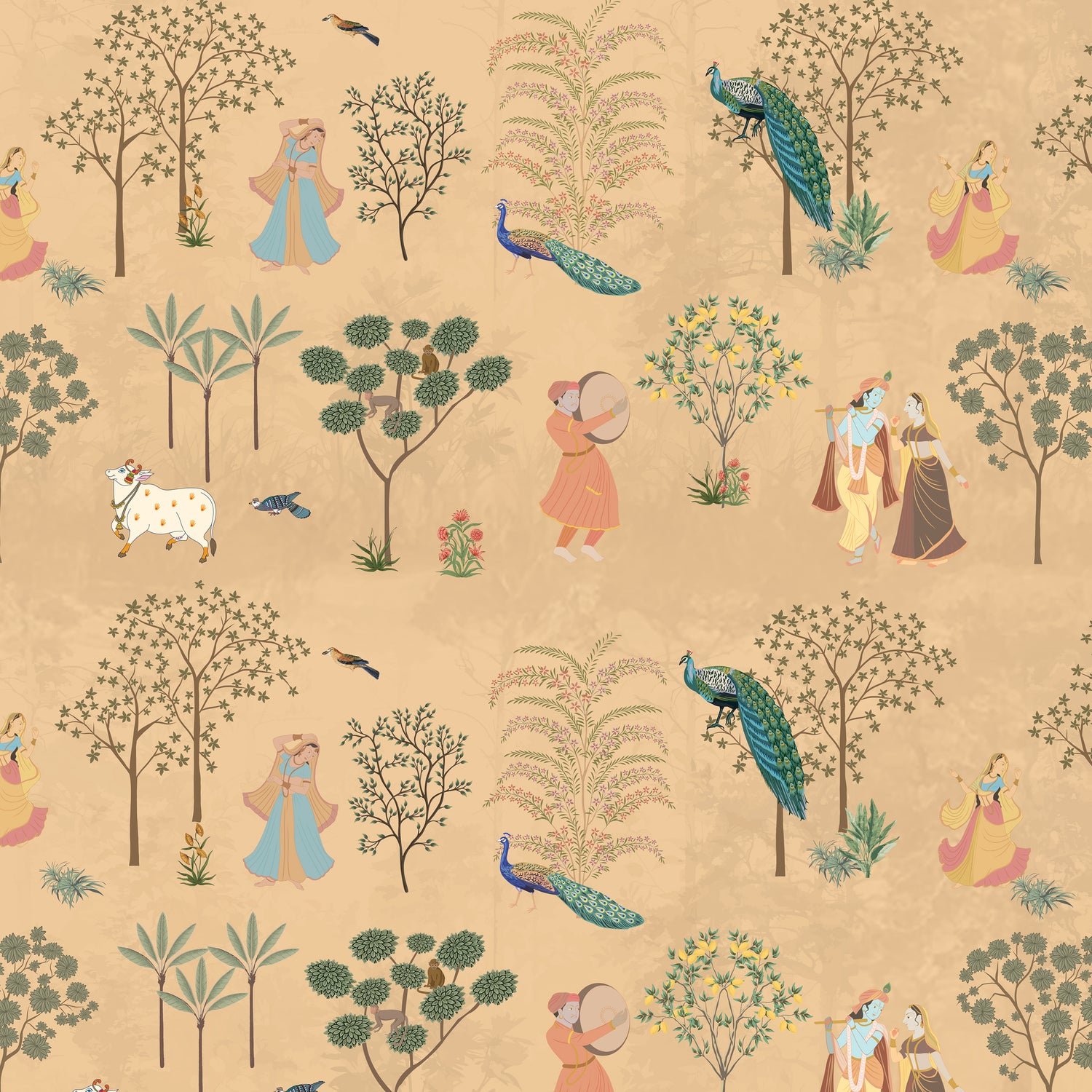 Radha Krishna Wallpaper Mural | Vrindavan Forest Indian Wall Mural Peel and Stick